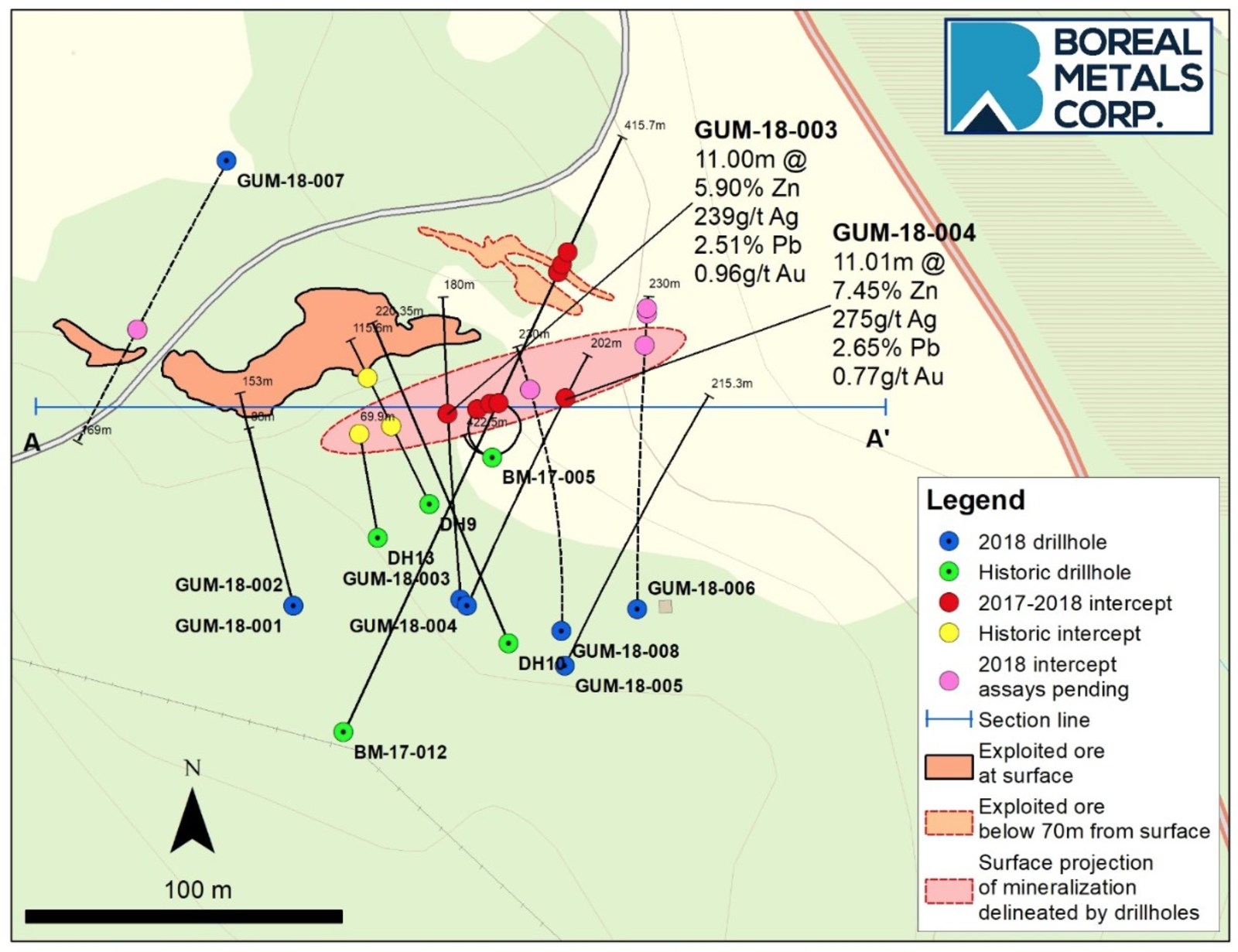 Figure 1. Plan Drilling Map showing the distribution of drill intercepts at Östra Silvberg.