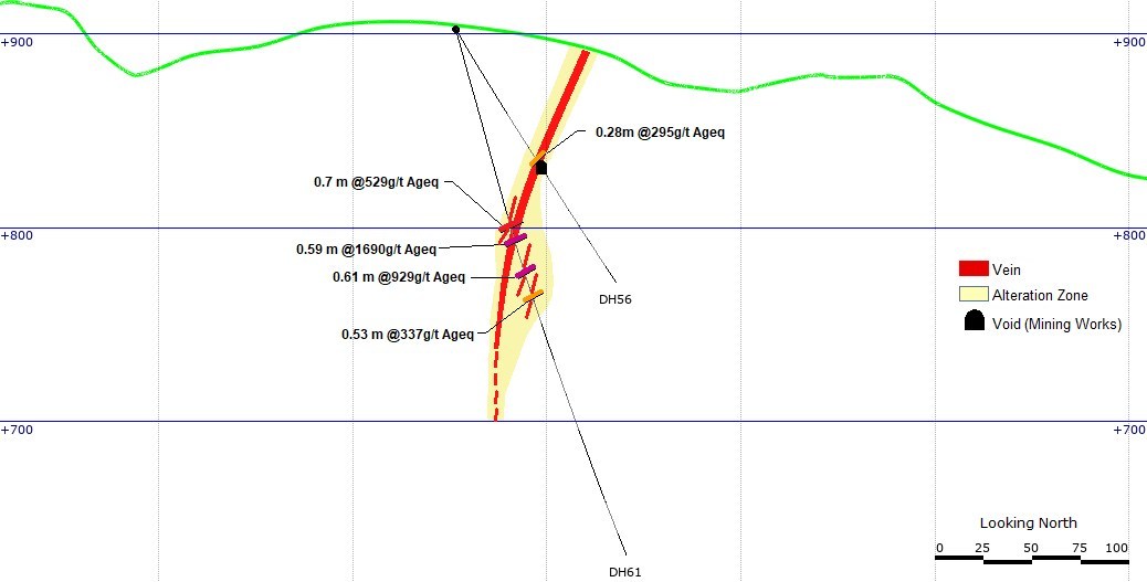 Section 1: Cross section of limited drilling of the Dorado veins. Below limited historic workings the Dorado is a package of four veins the occur within a 30 meter interval. The upper intercept is a residual unmined vein adjacent to a 3.82 meter wide adit. (CNW Group/Outcrop Gold Corp.)