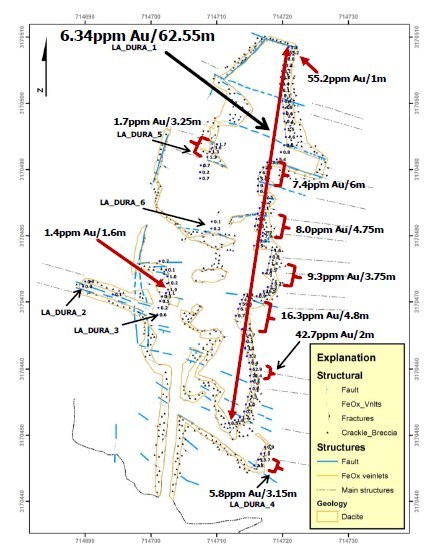 Figure # 2 Detailed Sample Locations and Gold Assay Composites. (CNW Group/Tarachi Gold Corp.)