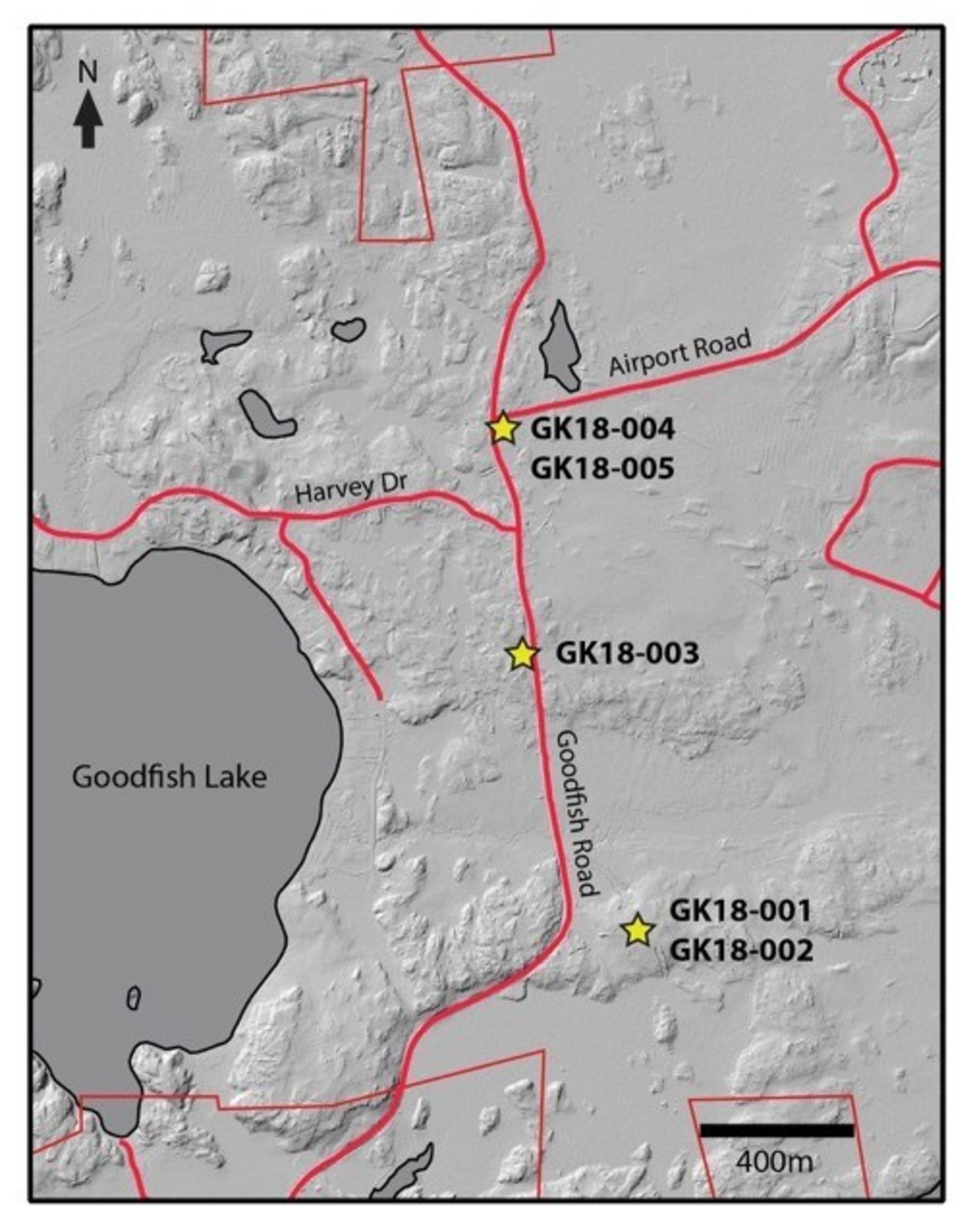 Figure 1. Diamond drill hole location on Goodfish Patents with LiDAR base map.