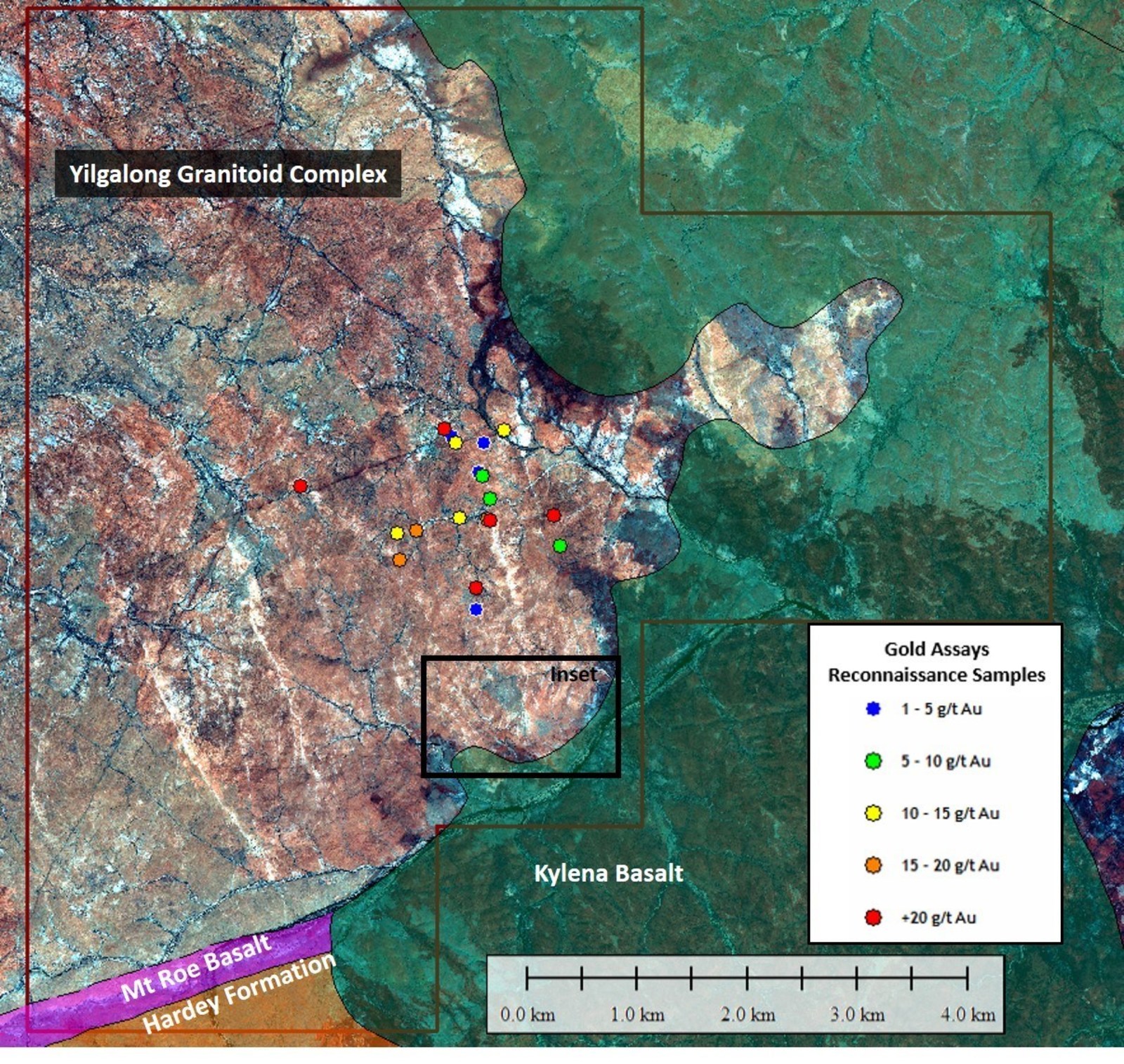 Figure 3. Orthophoto of Boodalyerrie tenement showing granitic basement injected with a pervasive swarm of vertical quartz structures that contain identified gold occurrences. The east and south parts of the tenement are covered by Fortescue Group formations. See Inset in Figure 4 below.