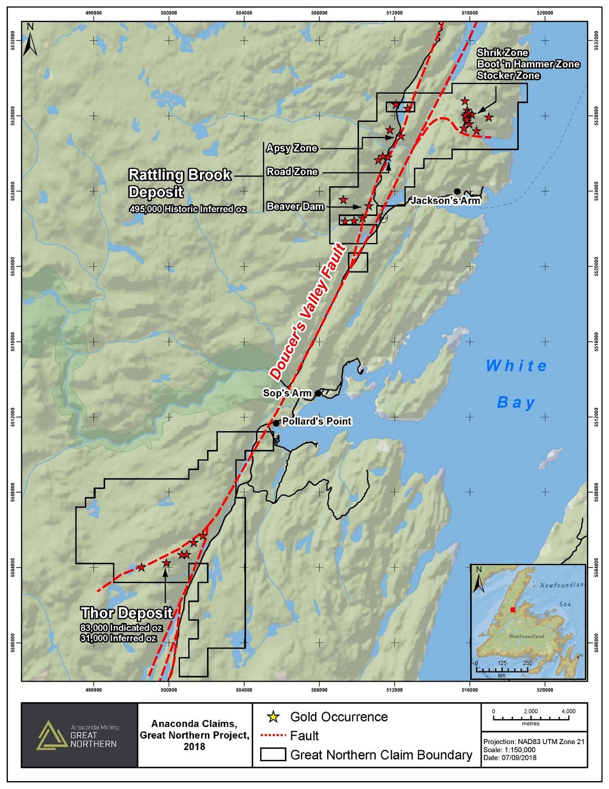 Exhibit B. Location and gold occurrences, including the Thor and Rattling Brook Deposits, of the Great Northern Project in western Newfoundland and Labrador.
