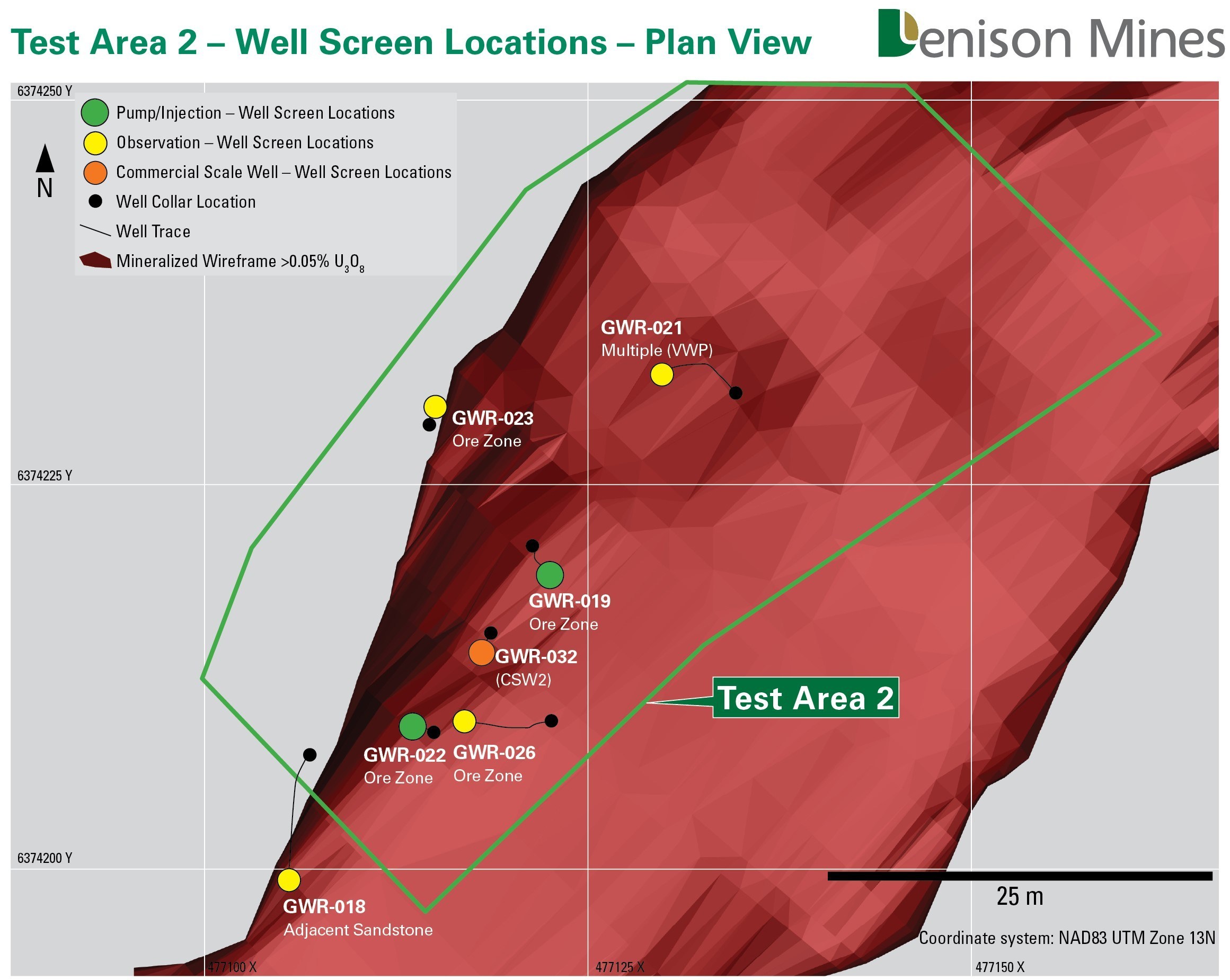 Figure 3. Plan map showing Pump/Injection wells, Observation wells and CSW2 completed for ISR field testing in Test Area 2. (CNW Group/Denison Mines Corp.)