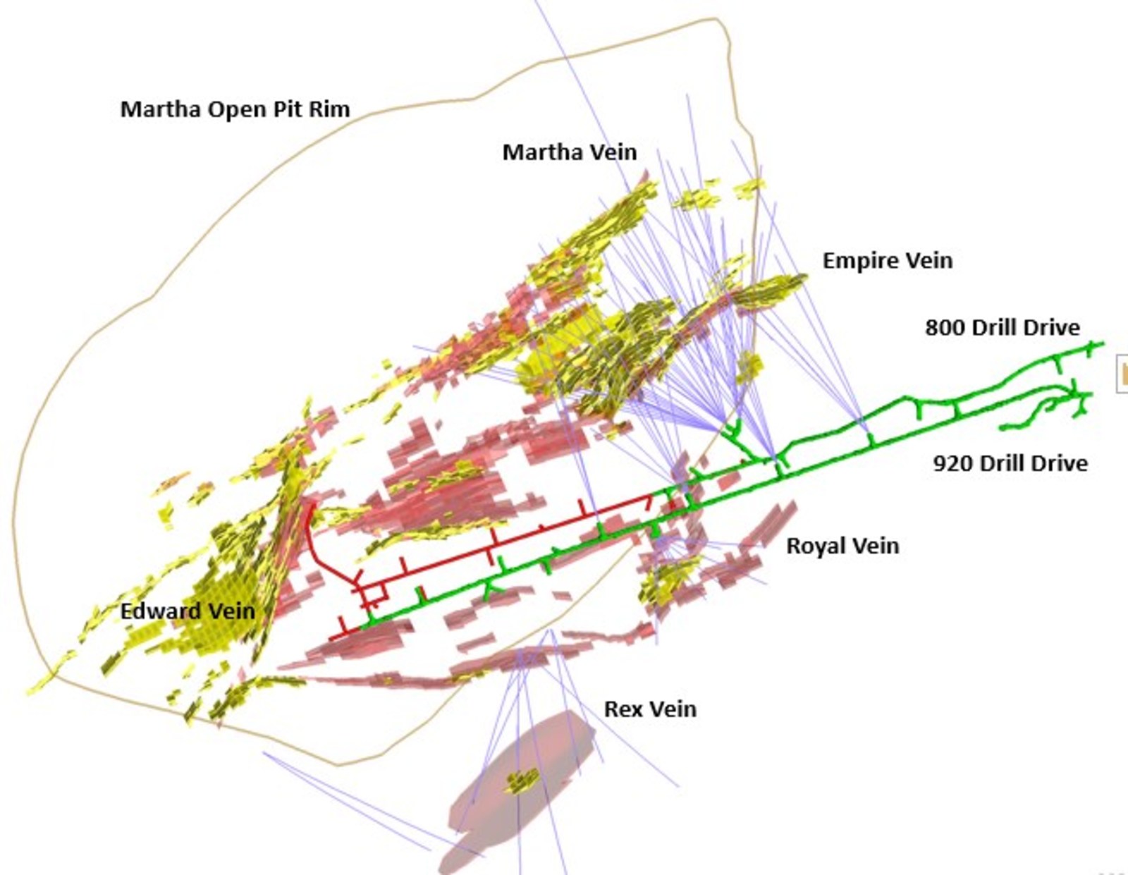 Figure 2 – Plan View showing drill holes within the Martha vein system and the dominant targeted veins. Pink = Main Target Areas, Yellow = Current Martha Underground Resource Areas.
