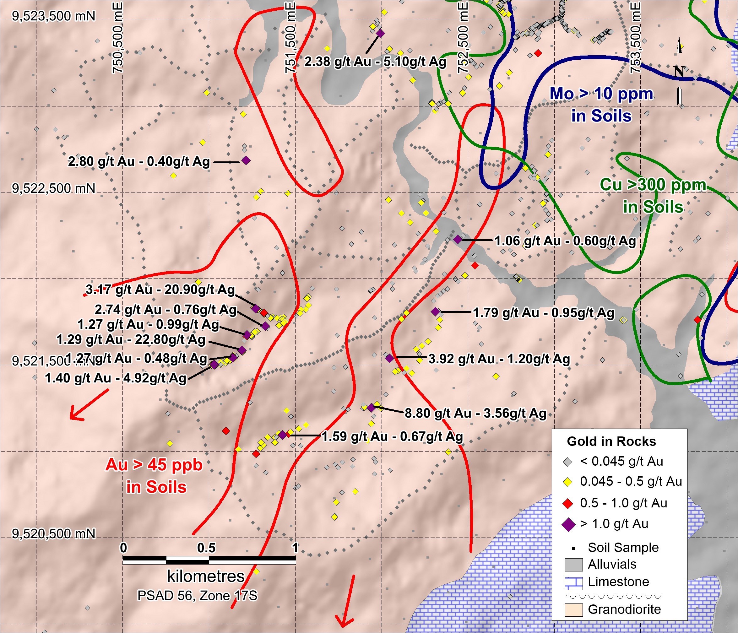 Figure 5. Contoured soil sample data and rock chip sample assays at Kuru overlain on geology and shaded for topographic relief. (CNW Group/Luminex Resources Corp.)
