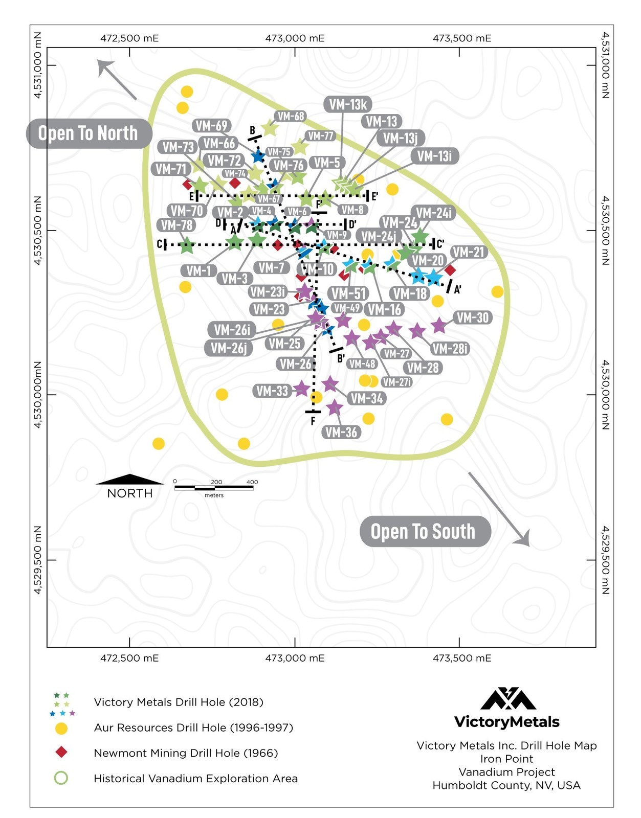 Figure 1: Victory’s fourth set of confirmation RC drill holes shown by purple stars, in relation to first release drilling, second release drilling, third release drilling as well as historical Newmont and Aur Resource Inc. drill holes.