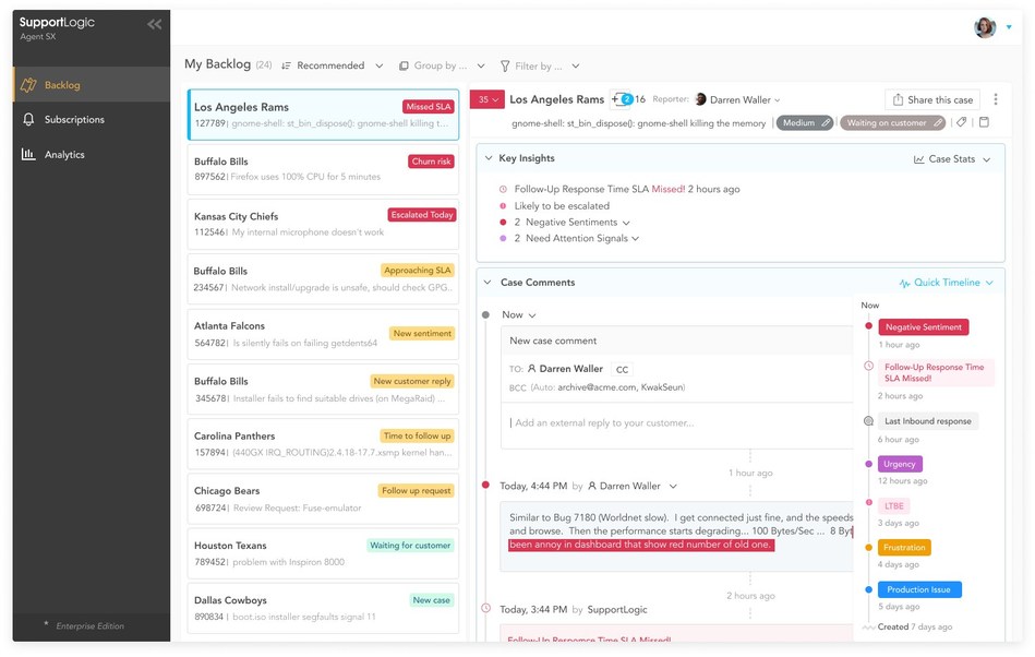 SupportLogic Agent SX delivers real-time coaching and feedback to enable agents with NLP-driven recommendations to prioritize cases, collaborate more efficiently and improve their performance across multiple dimensions of service delivery.