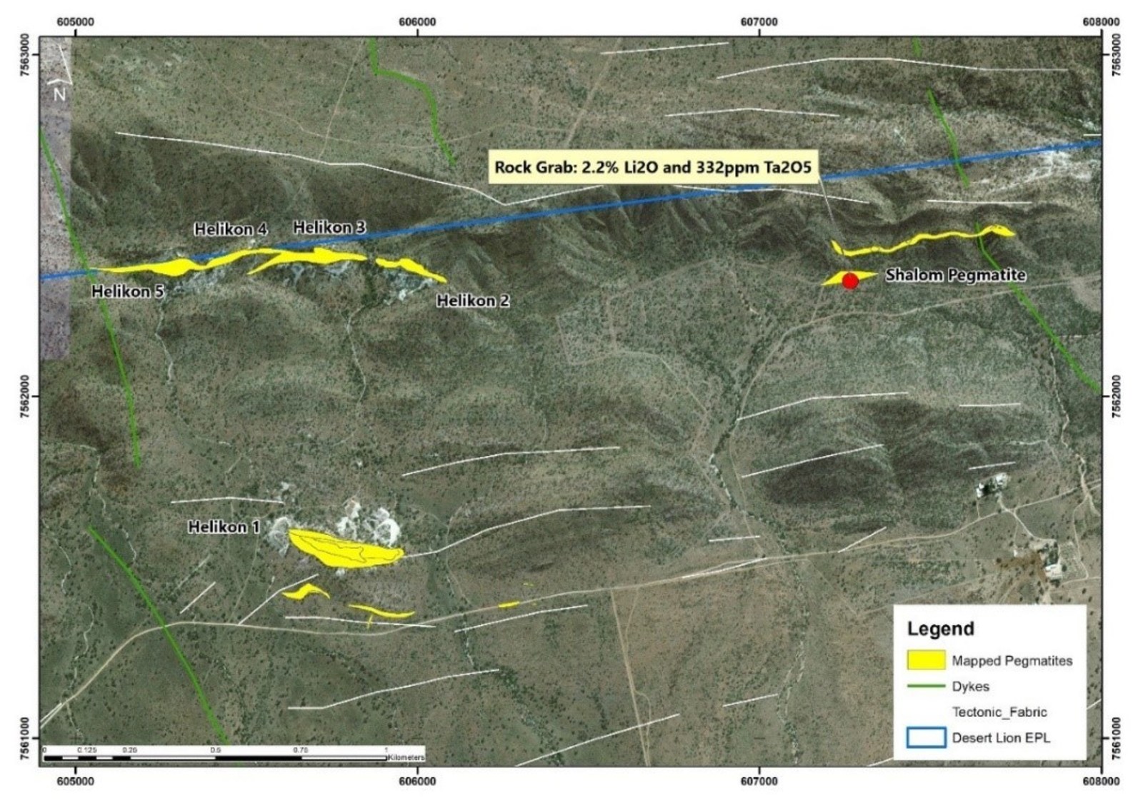 Figure 4 – Plan Showing Shalom Pegmatite Discovery and Possible Strike Extension from Helikon