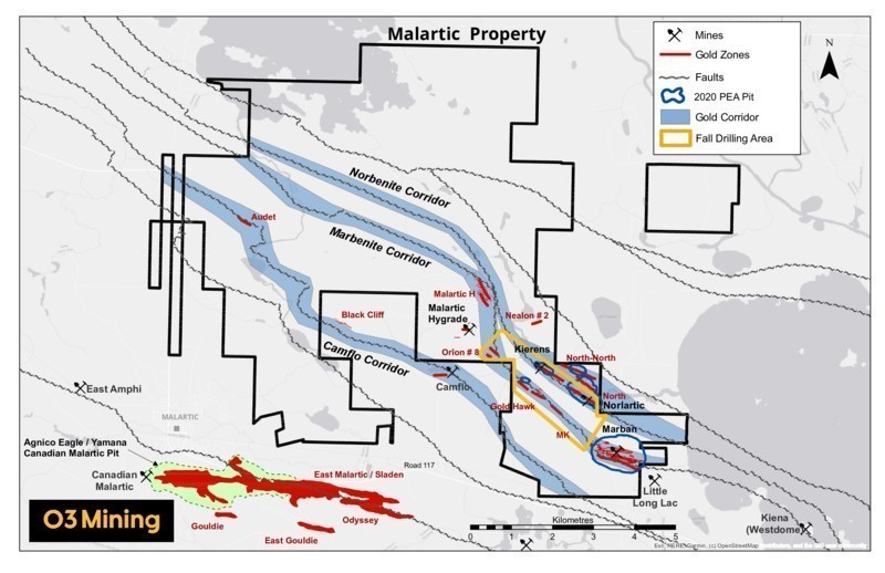 Figure 3: Malartic property and drill program (CNW Group/O3 Mining Inc.)