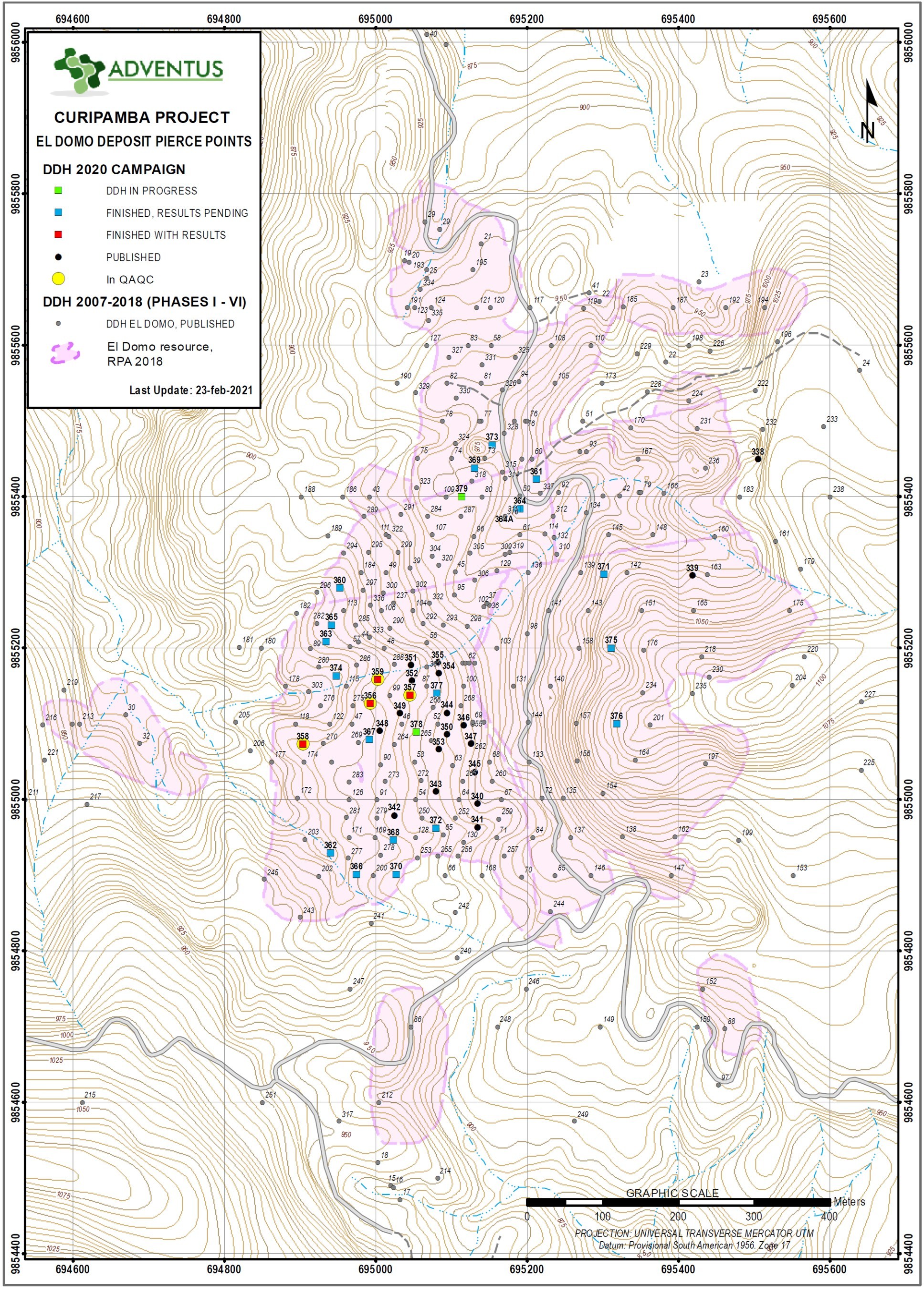 ADZN - El Domo Plan Map - Drill Collar Locations (as of February 23, 2021) (CNW Group/Adventus Mining Corporation)