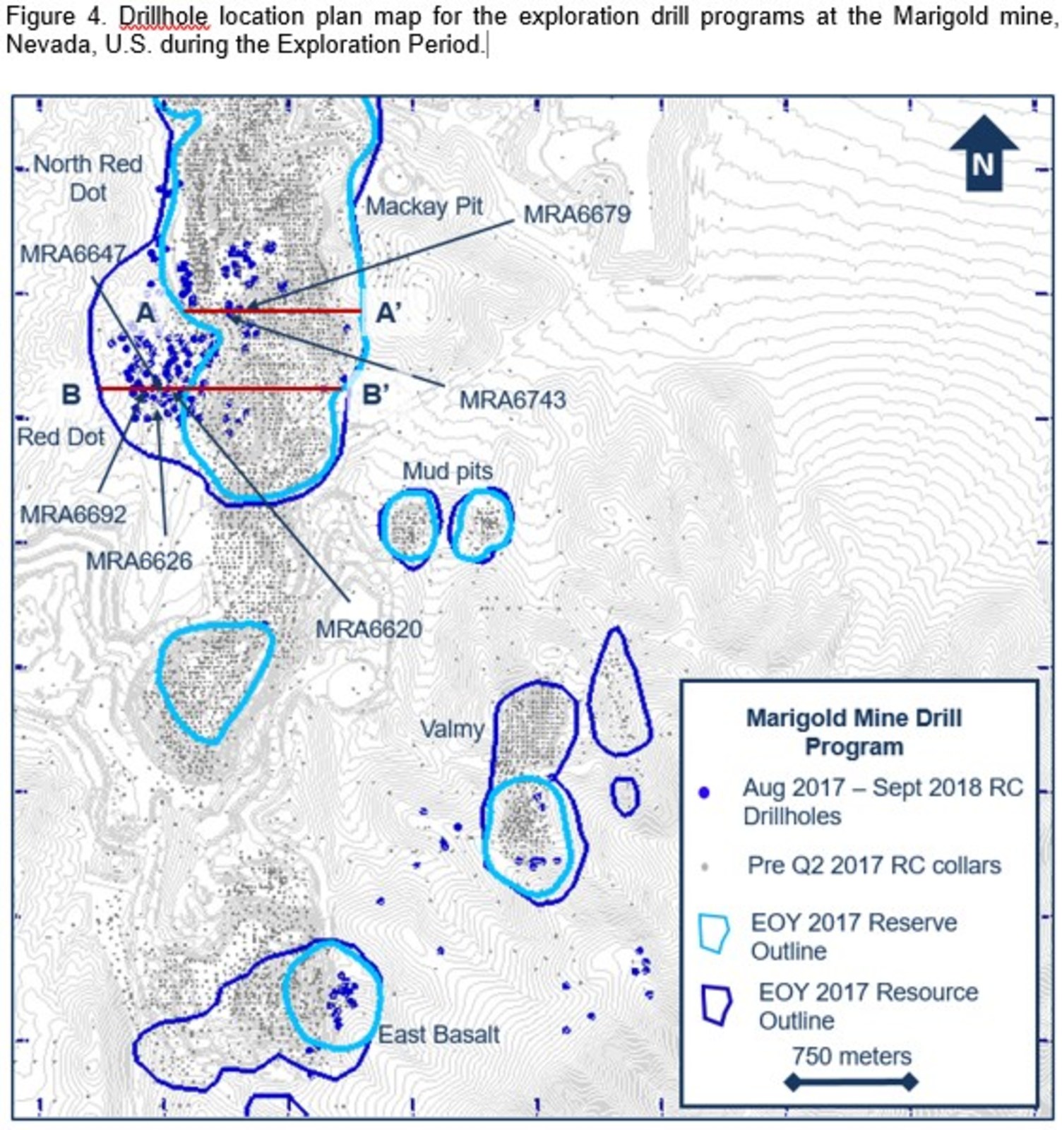 Figure 4. Drillhole location plan map for the exploration drill programs at the Marigold mine, Nevada, U.S. during the Exploration Period.