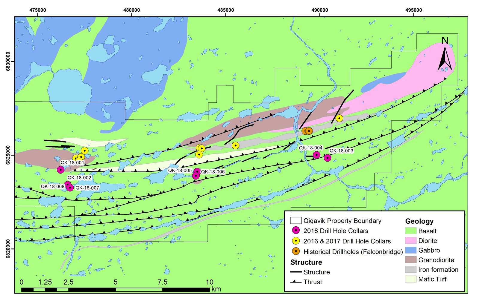 Figure 1: Map of eastern half of the Qiqavik property showing the location of 2018 drilling
