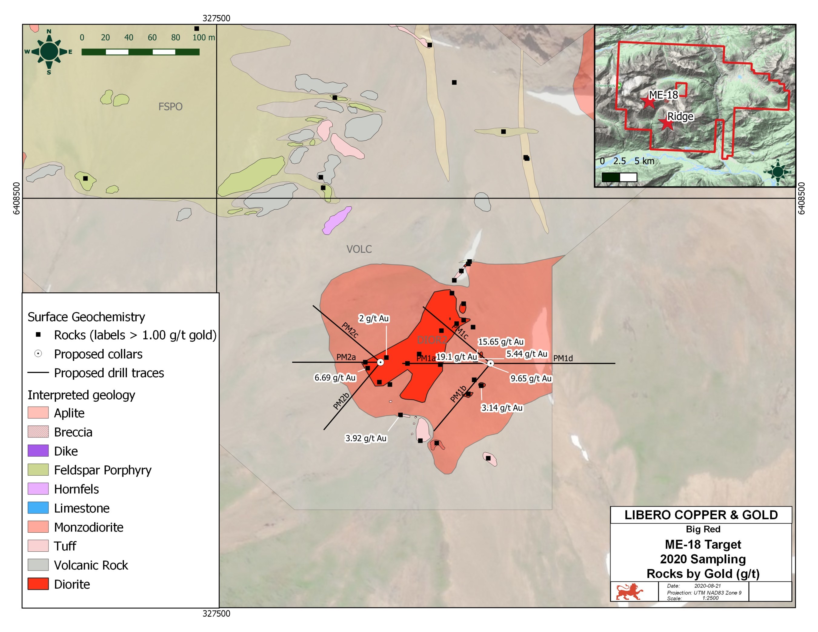 Figure 2: 2020 surface samples and planned drilling at ME-18. (CNW Group/Libero Copper & Gold Corporation.)