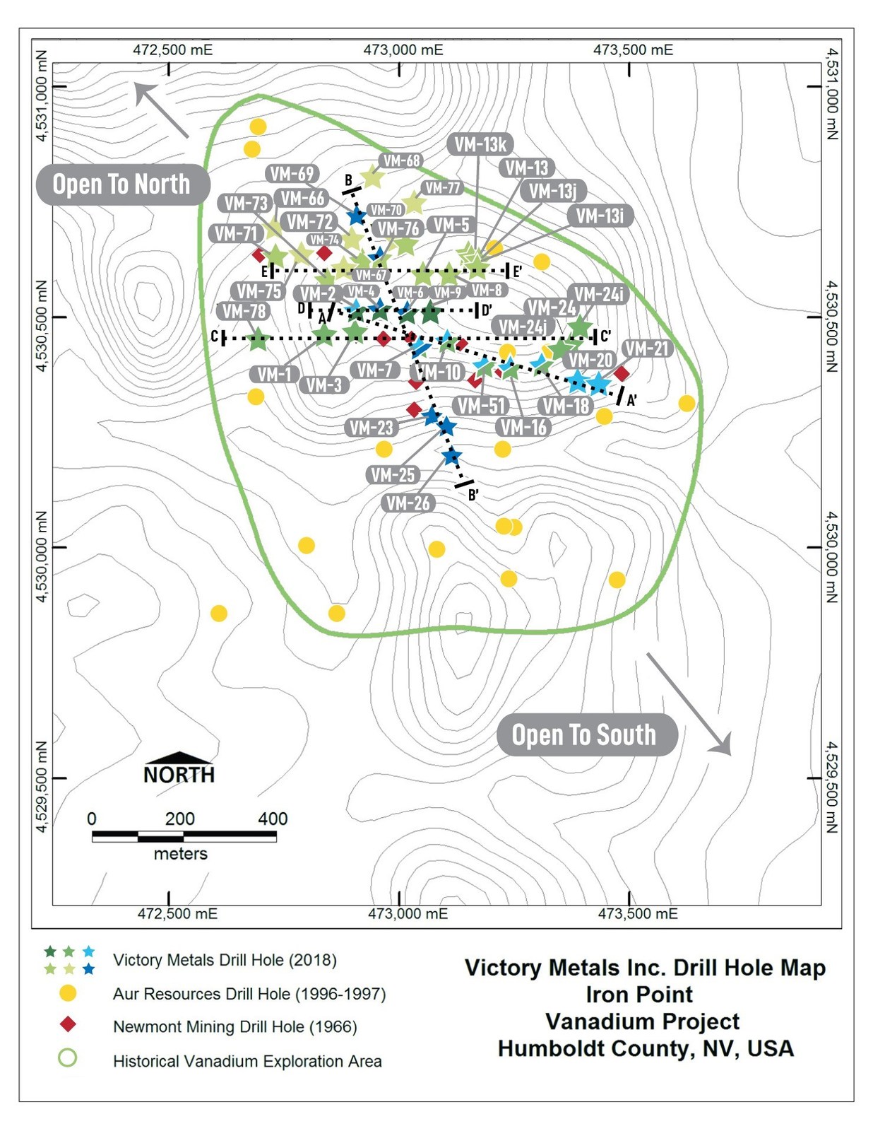 Figure 1: Victory’s third set of confirmation RC drill holes shown by green stars, in relation to first release drilling and second release drilling, as well as historical Newmont and Aur Resource Inc. drill holes.