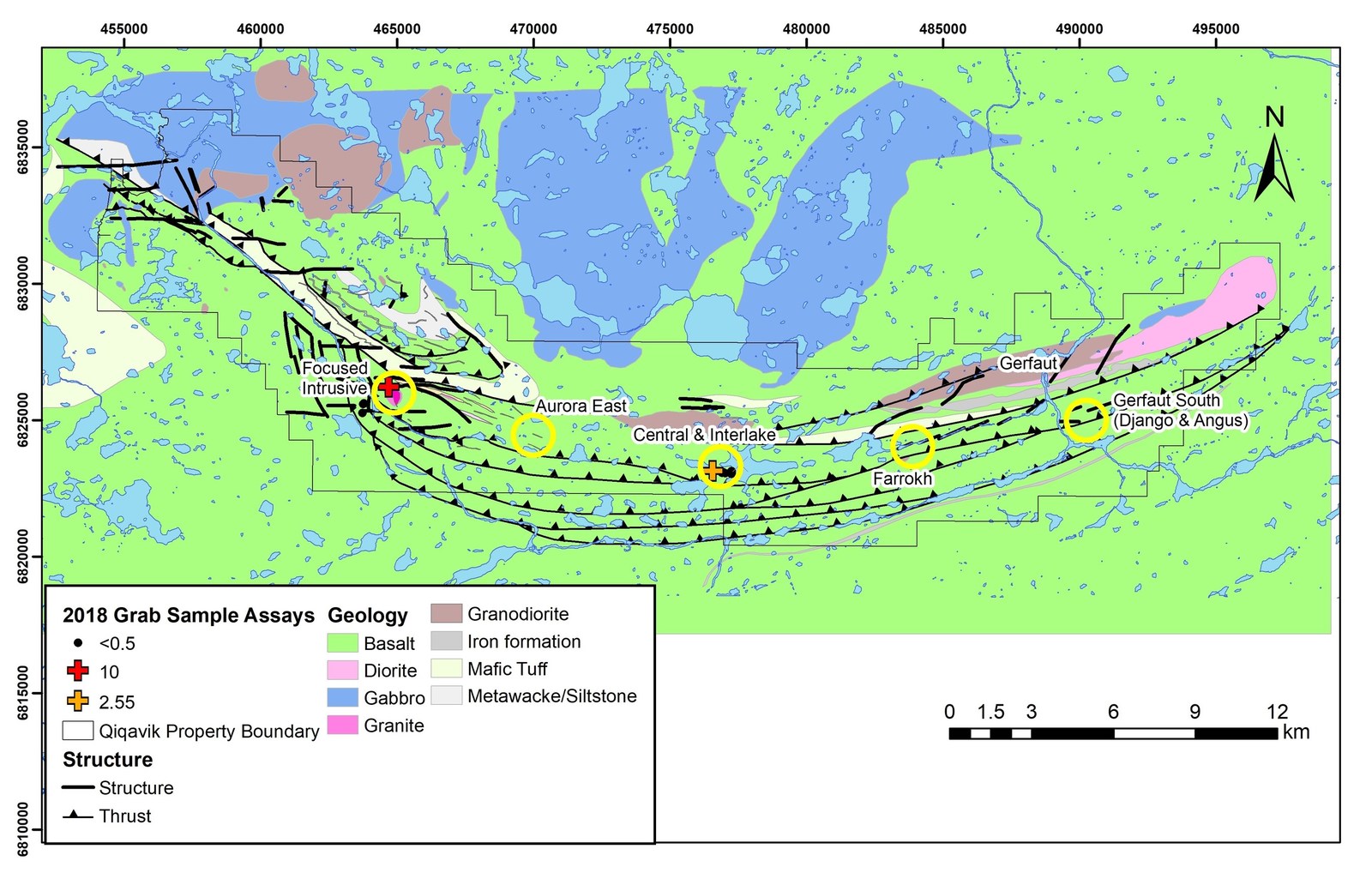 Figure 2: Map of Qiqavik property showing Locations of Focus for 2018 Mapping and Prospecting and surface grab sample assays received to date.