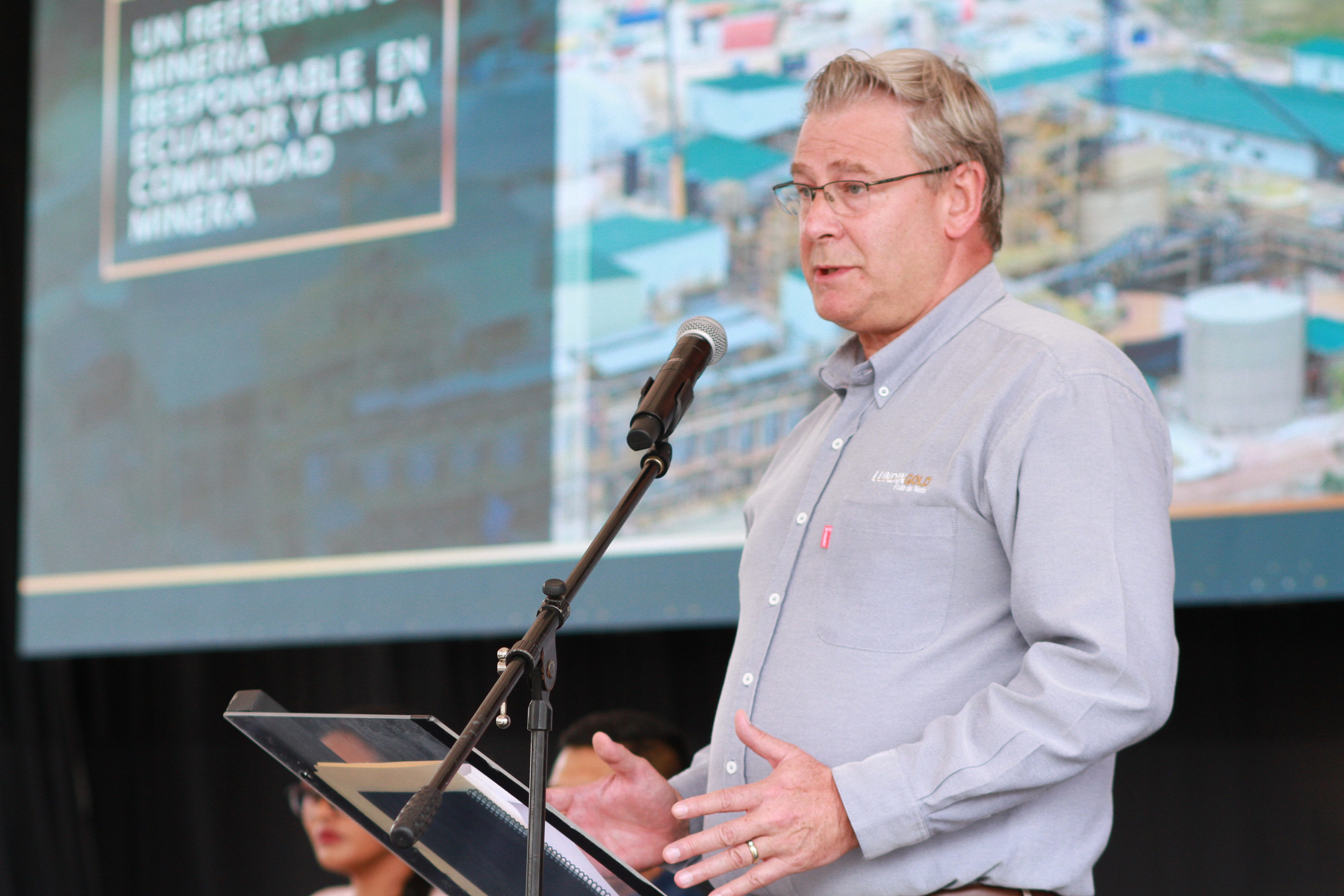 Figure 2. Ron Hochstein delivering his speech during the inauguration event at Fruta del Norte. (CNW Group/Lundin Gold Inc.)