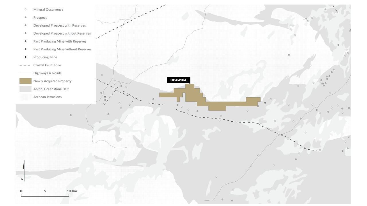 Figure 8: The recently acquired Opiwica Property relative to the greenstone belts, mineral occurrences and major faults. (CNW Group/Trillium Gold Mines Inc.)