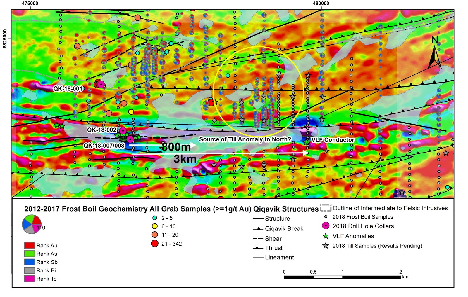 Figure 3: Qiqavik - Interlake Area shown on 1st Vertical Derivative of Airborne Magnetic Survey