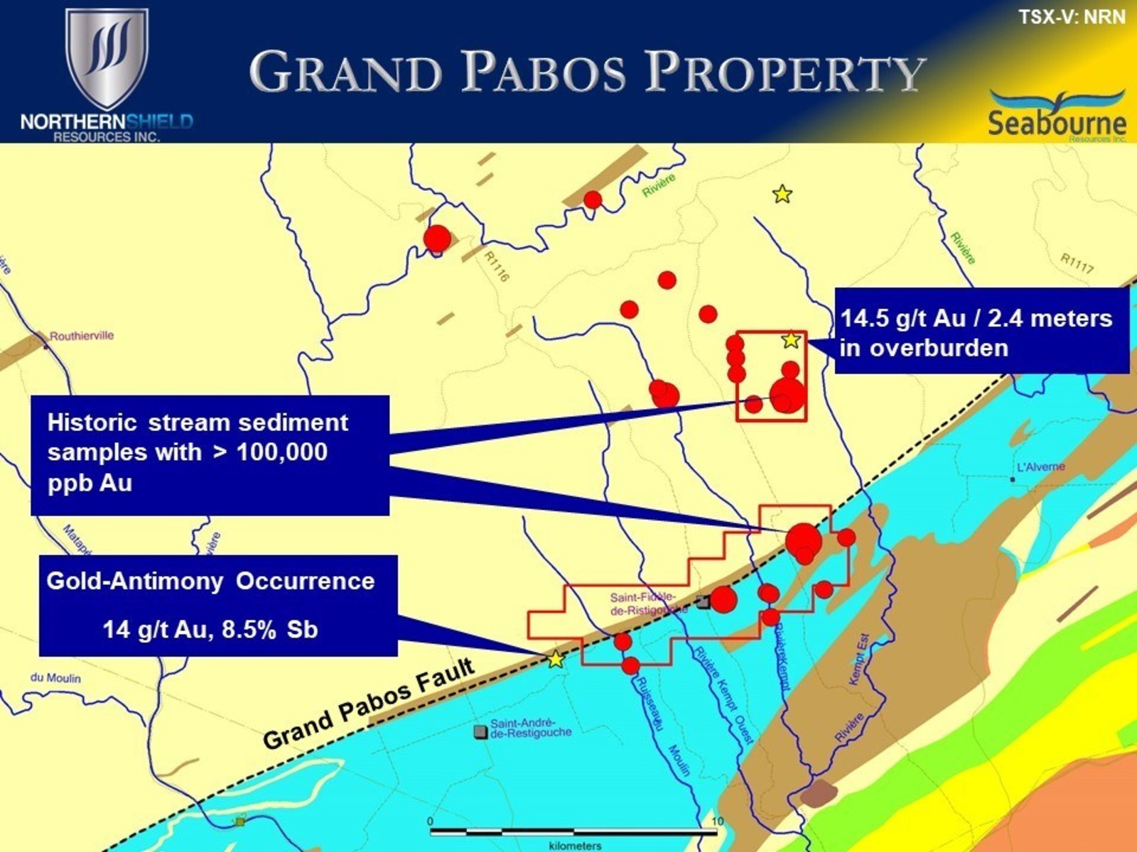 Significant historic gold anomalous stream sediment samples from the Grand Pabos Property area.