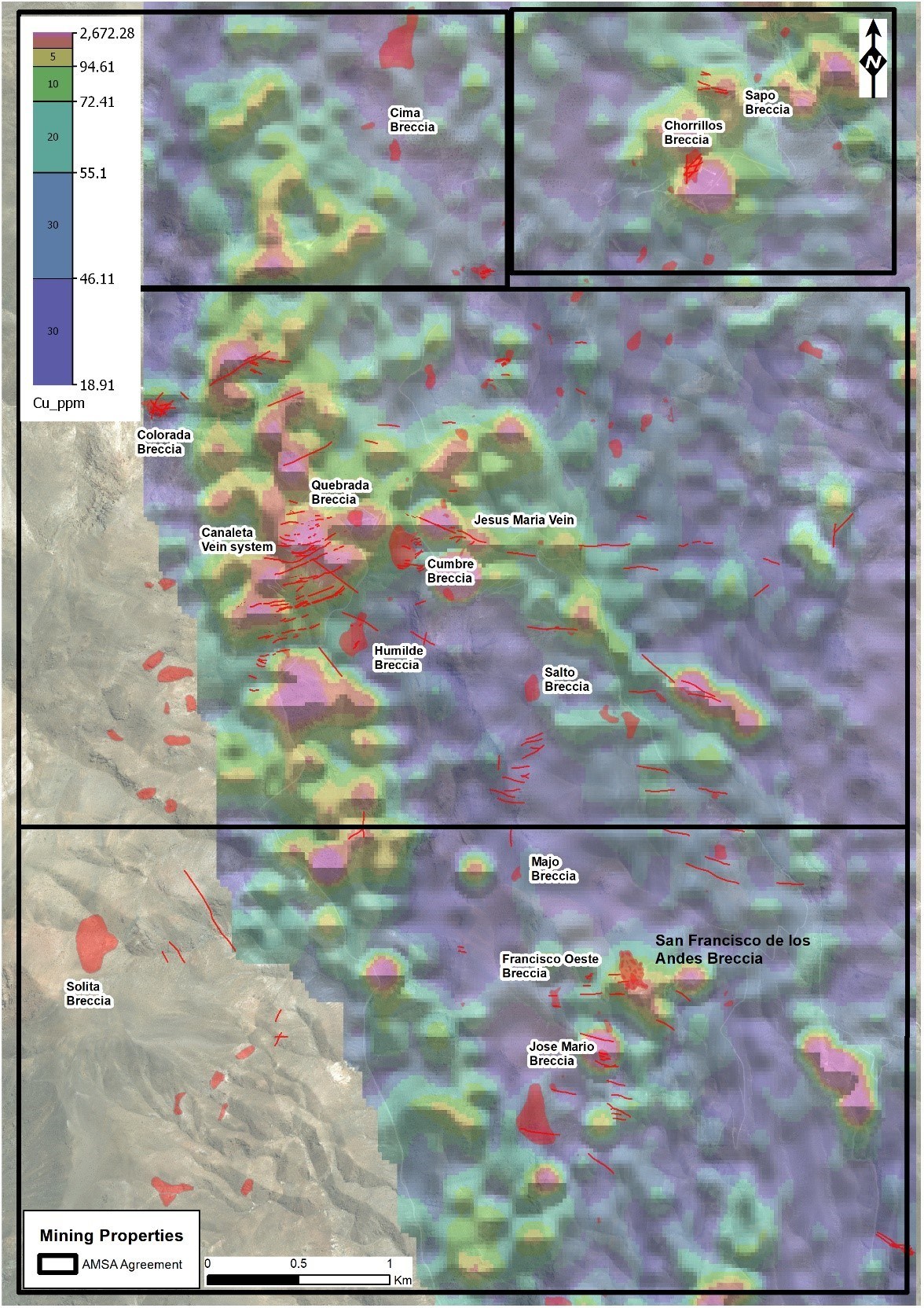 Figure 5: 100m soil geochemistry grid map with portable XRF copper results. Several breccia and vein systems are associated with extensive copper anomalies. The soil sampling program is currently being extended to cover the western part of the project area. (CNW Group/Turmalina Metals Corp.)