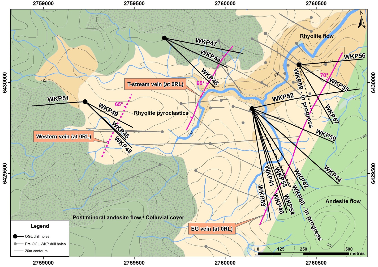 Figure 1: Plan View of geology and distribution of known veins at WKP
