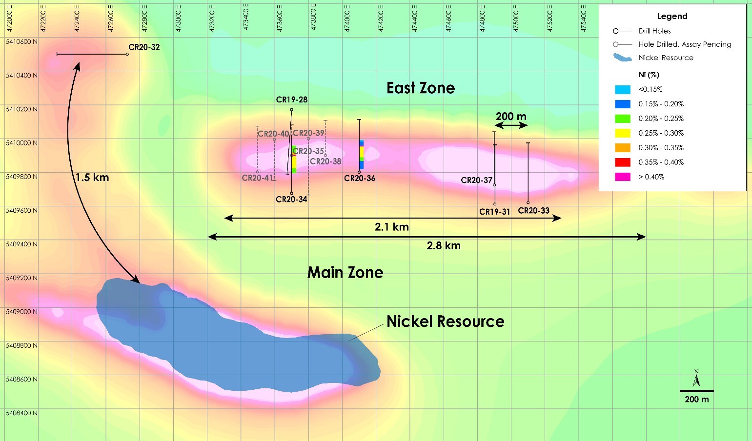 Figure 2 - Plan View of East Zone Nickel - Drilling Results overlain on total field magnetic intensity, Crawford Nickel-Cobalt Sulphide Project, Ontario. (CNW Group/Canada Nickel Company Inc.)