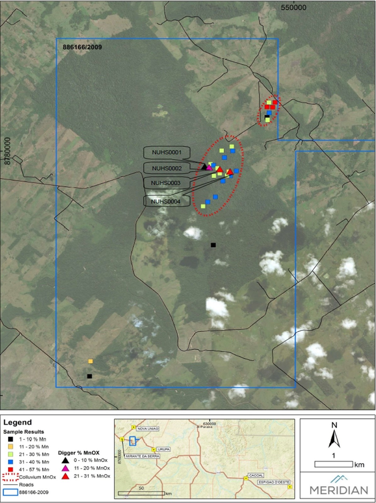 Fig. 3: Field mapping of know manganese occurrences and assayed value range