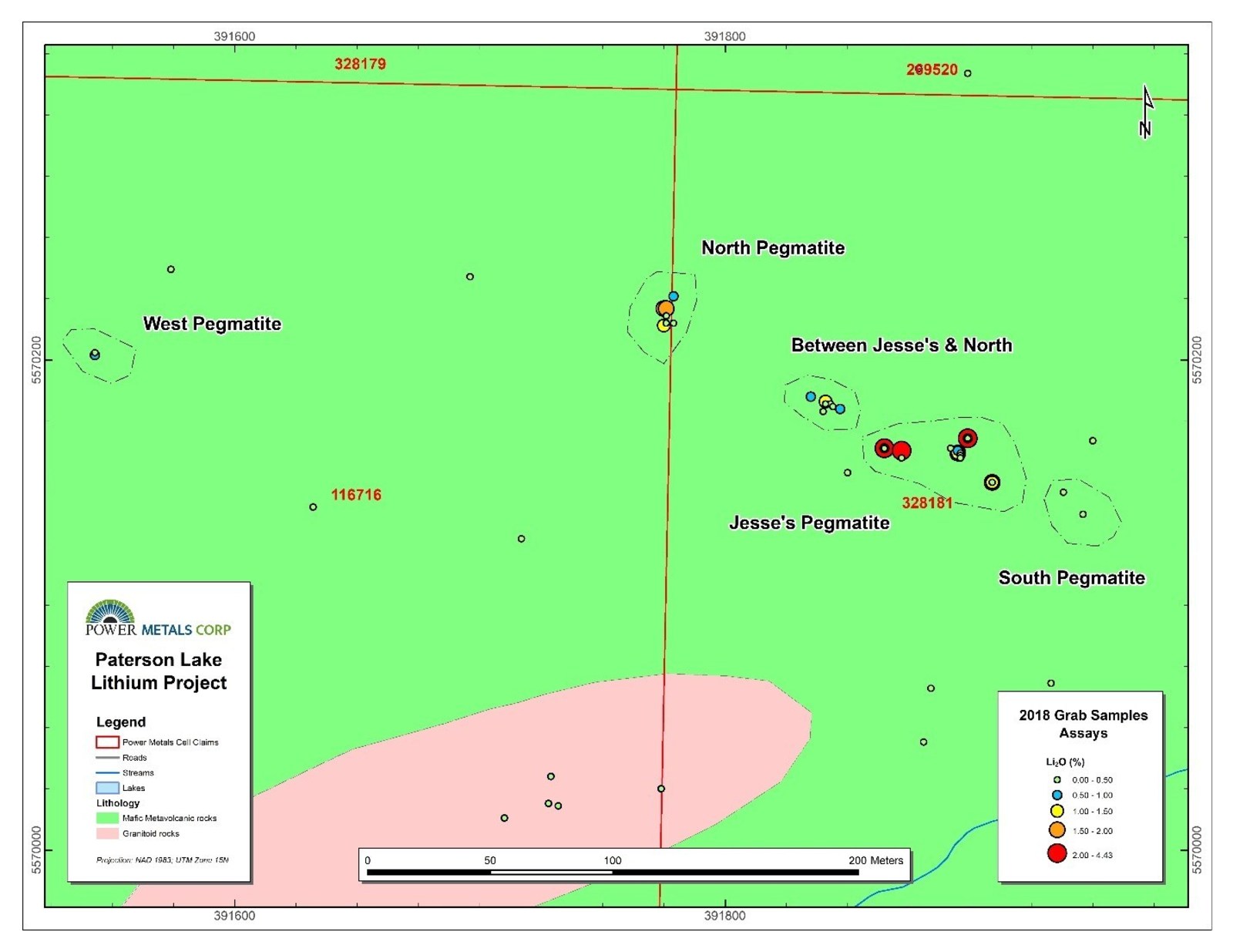 Figure 2 Map of surface samples colour coded by lithium grade at Jesse’s pegmatite, Paterson Lake Property.