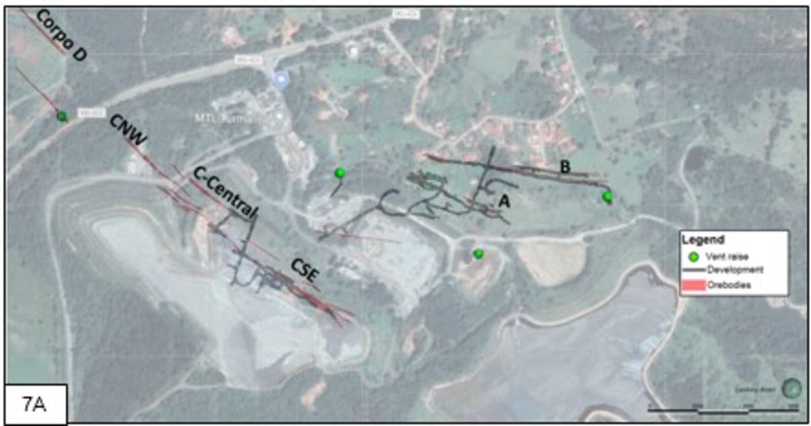 Figure 7A and 7B. Plan view of Turmalina showing the position of Orebody B relative to Orebodies A and C, C-SE, C-Central and C - NW and possible mining access options from development relative to Orebody A. Figure 7A shows mine development at level 3 showing the proximity of Orebody B to Orebody A and showing location of ventilation raises on both orebodies. Figure 7B shows a closer view of the position of Orebody B in the hanging wall to and relative to Orebody A and showing a potential access drift position from Orebody A to Orebody B