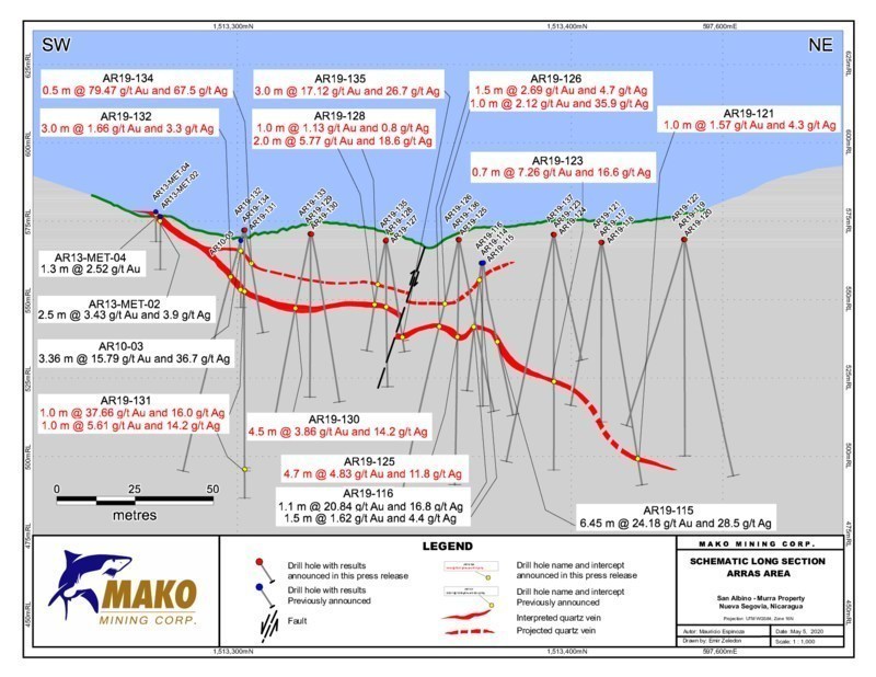 Schematic Long Section - Arras (CNW Group/Mako Mining Corp.)