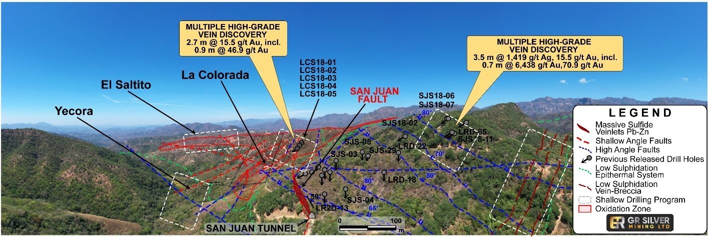Figure 4: Step Out Drilling Areas at San Juan-La Colorada and Scout Drilling at Yecora, El Saltito (looking to the NW) (CNW Group/GR Silver Mining Ltd.)
