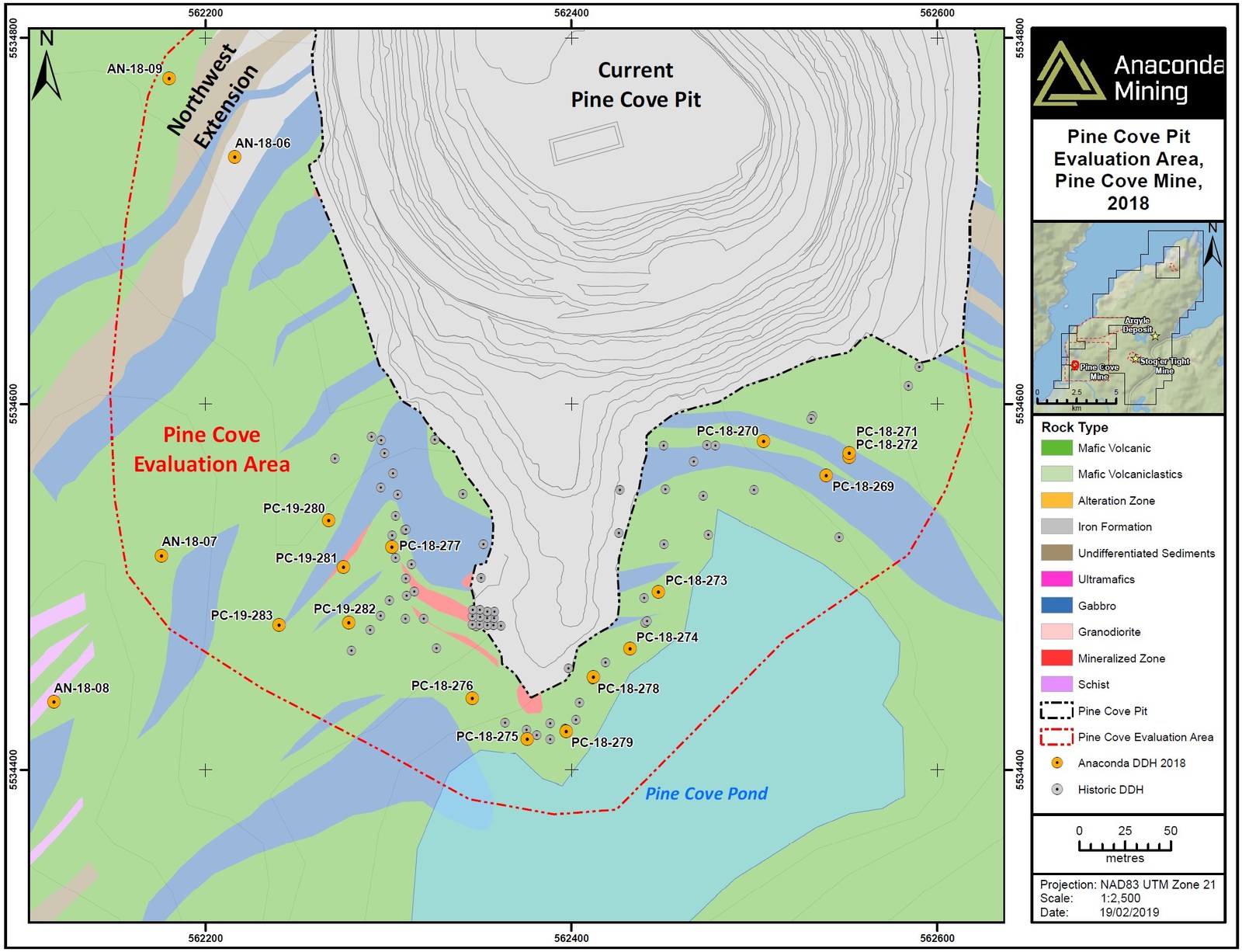 Exhibit B. A map showing the location of drill holes adjacent to the southern and western portions of the Pine Cove mine. These holes were drilled as part of an on-going evaluation of potential pit expansions at the Pine Cove mine.