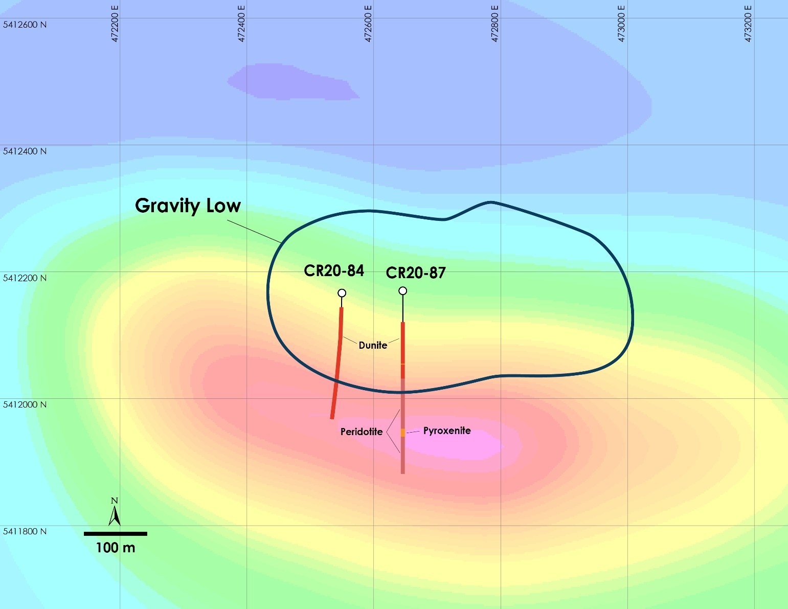 Figure 2 – North Zone Discovery Holes on gravity gradient and magnetic gradient (Crawford Township airborne gravimetric survey completed in 2018) (CNW Group/Canada Nickel Company Inc.)