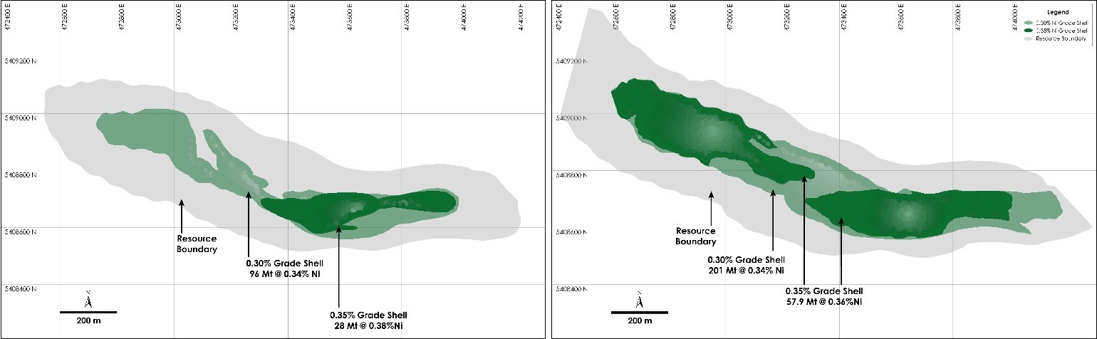 Figure 4 - Plan View of Main Zone – Comparison of Current and Prior Mineral Resource and Grade Shells at the Crawford Nickel-Cobalt Sulphide Project, Ontario. Prior Main Zone - Current Main Zone (CNW Group/Canada Nickel Company Inc.)