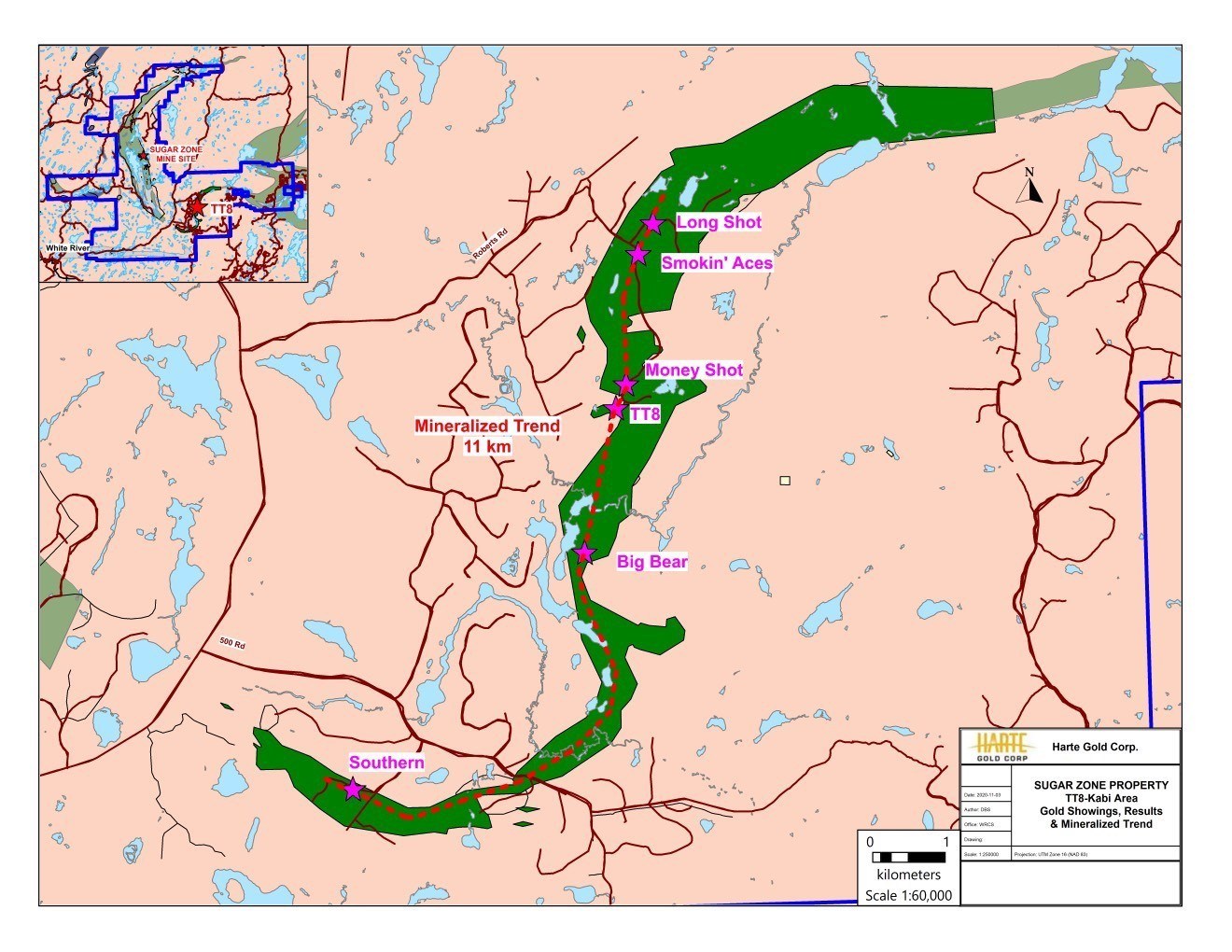 TT8 Area – Selected Mineralized Showings (CNW Group/Harte Gold Corp)
