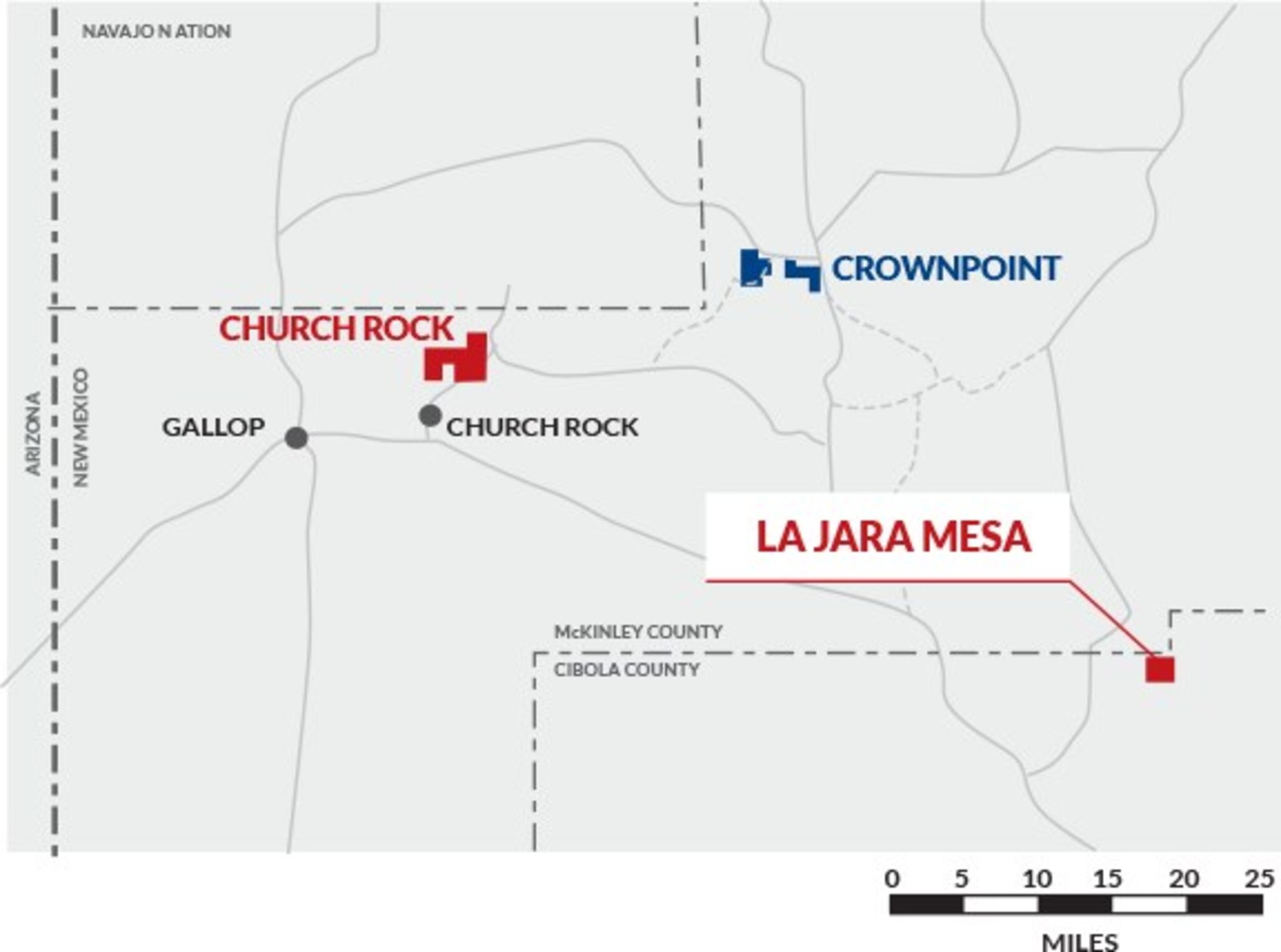 Figure 1: Laramide Resources Ltd. Projects in New Mexico, USA: Churchrock Uranium Project, Crownpoint Uranium Properties and La Jara Mesa Uranium Project.