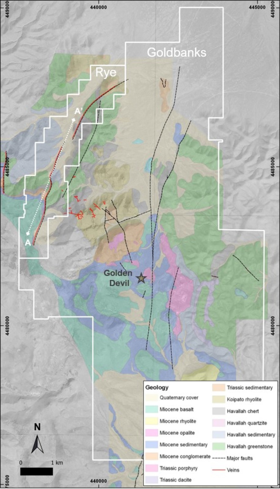 Figure 1 – Geological map of Goldbanks and Rye Properties