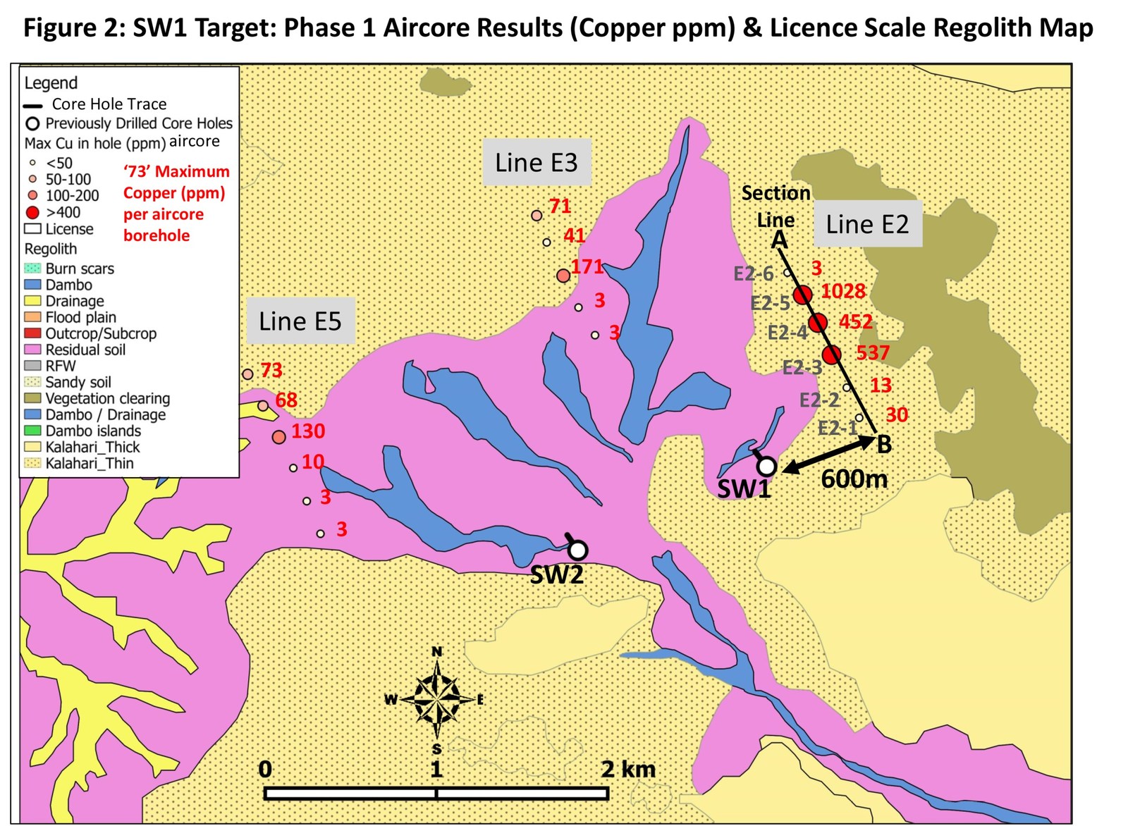 Figure 2. Southwestern Target: Phase 1 Aircore Results & Licence Scale Regolith Map
