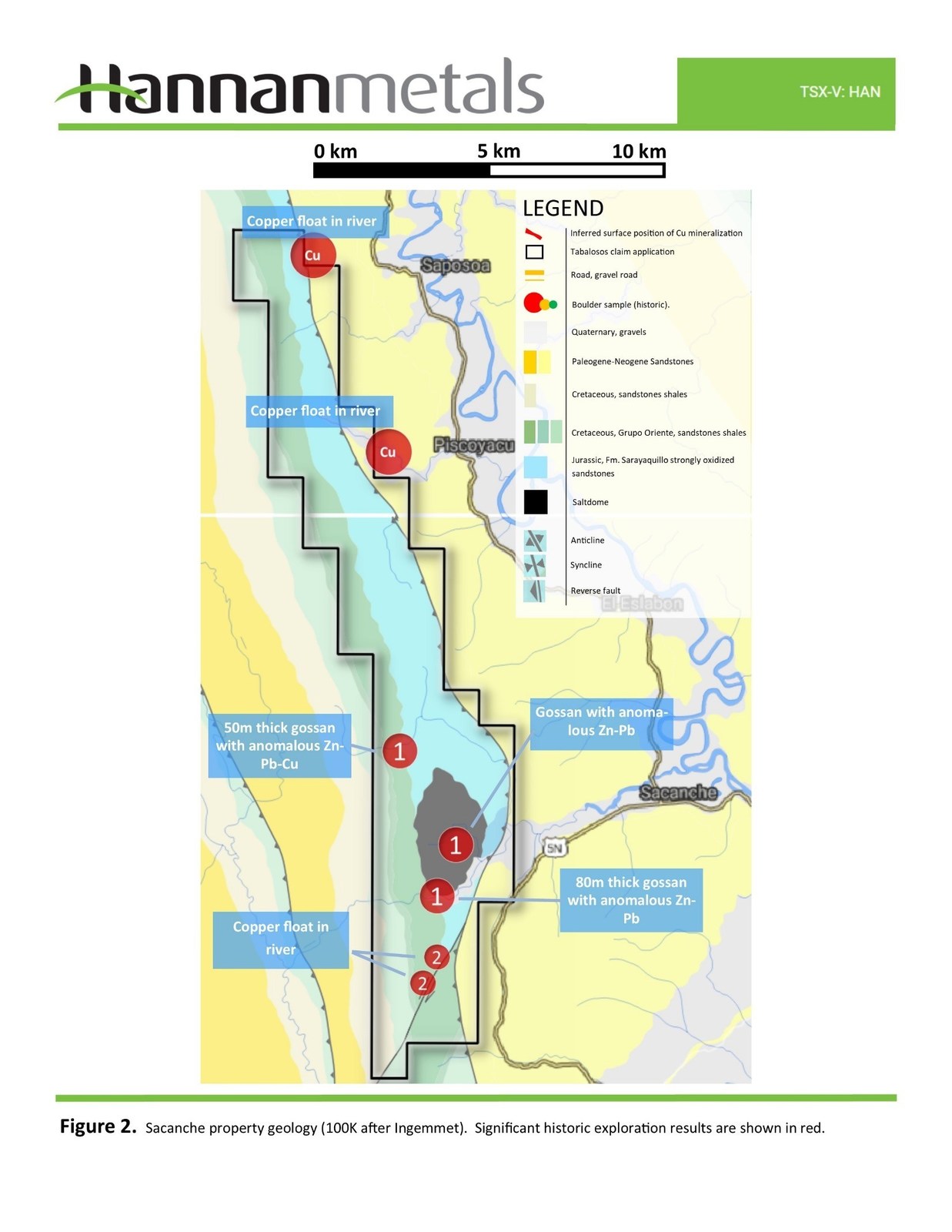 Figure 2. Sacanche property geology. Significant historic exploration results are shown in red.