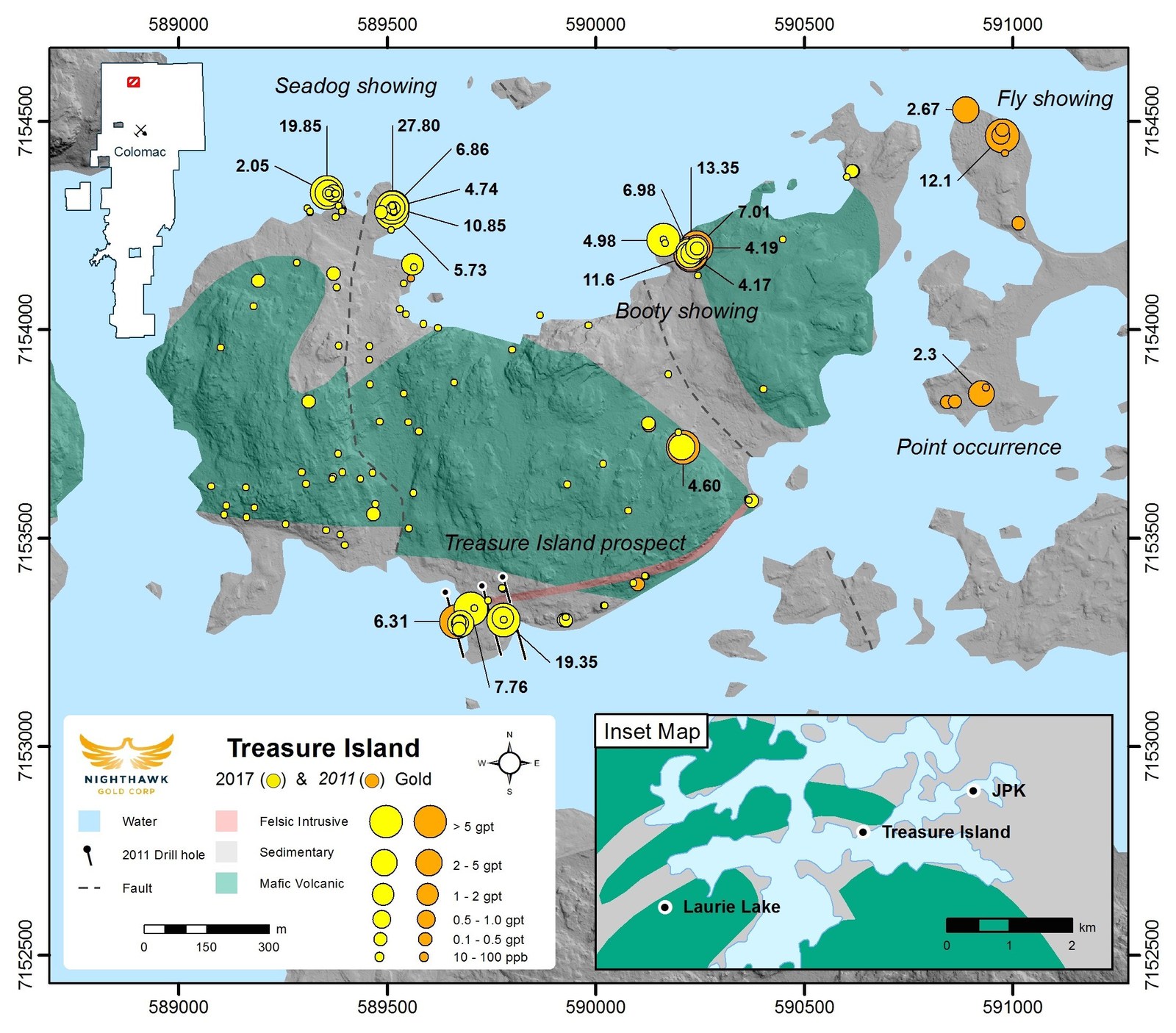 Figure 2.  Treasure Island Location Map and Select Notable Surface Sampling Results