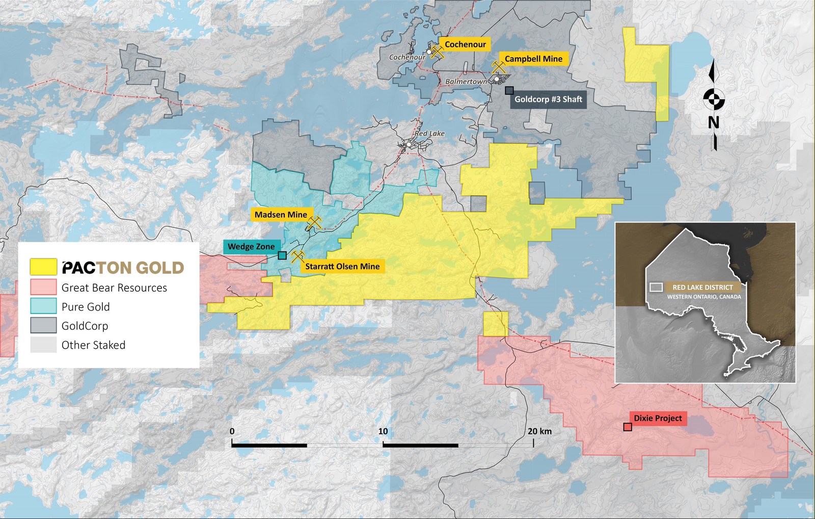 Figure 2. Pacton Gold’s Red Lake property showing location of other major projects in the district.