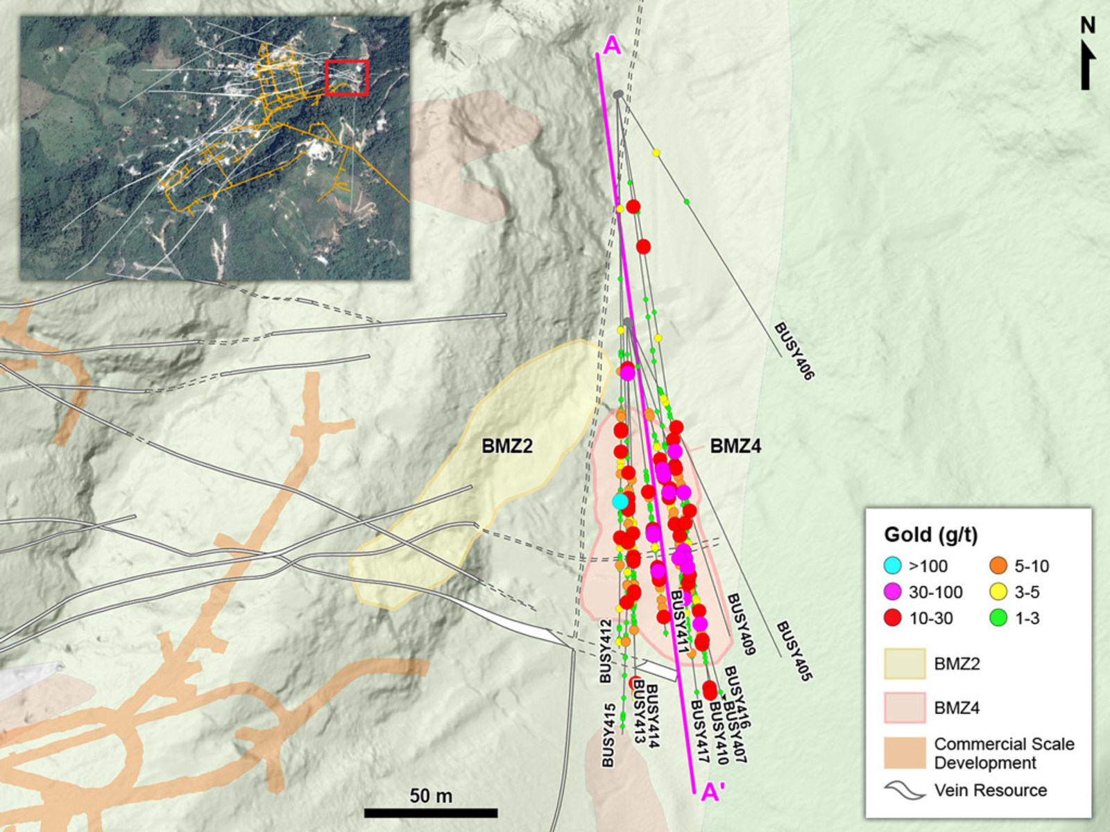 Figure 1 – Plan View of Drilling in Eastern Yaraguá System Targeting BMZ4
