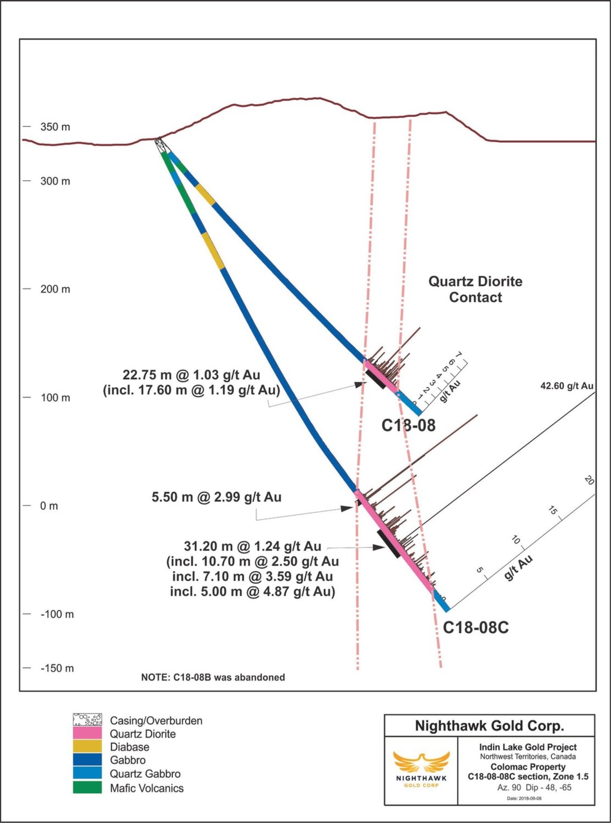 Figure 3.  Cross Section - Drillholes C18-08, C18-08C