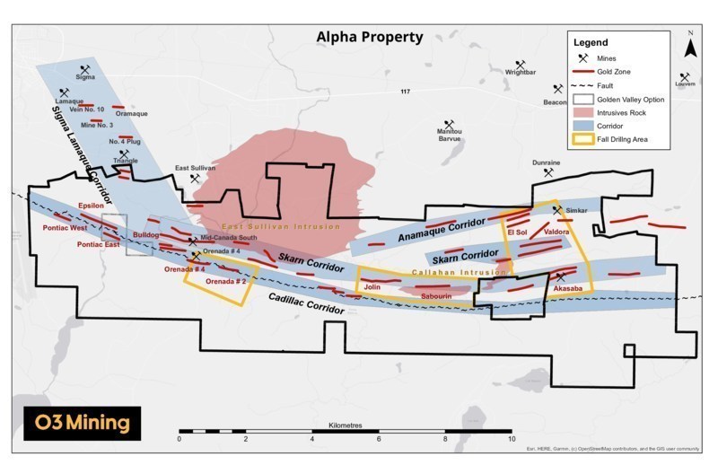 Figure 2: Alpha property and drill program (CNW Group/O3 Mining Inc.)