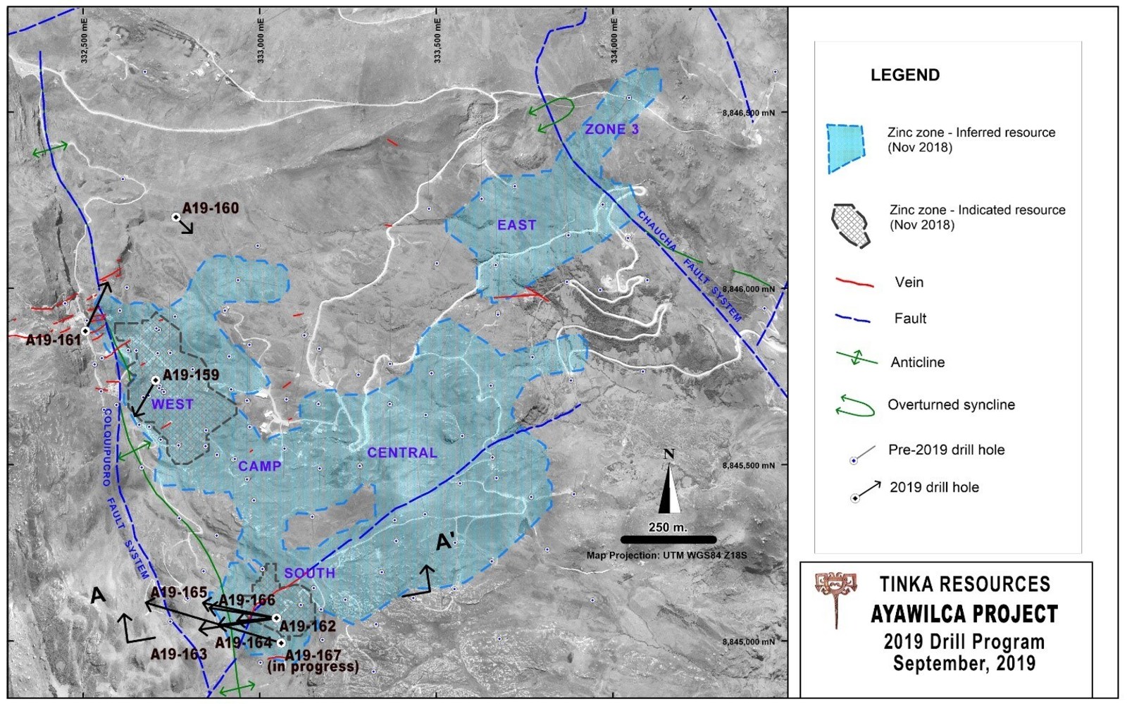Figure 3.  Map of Ayawilca showing 2019 drill holes and Zinc Mineral Resources