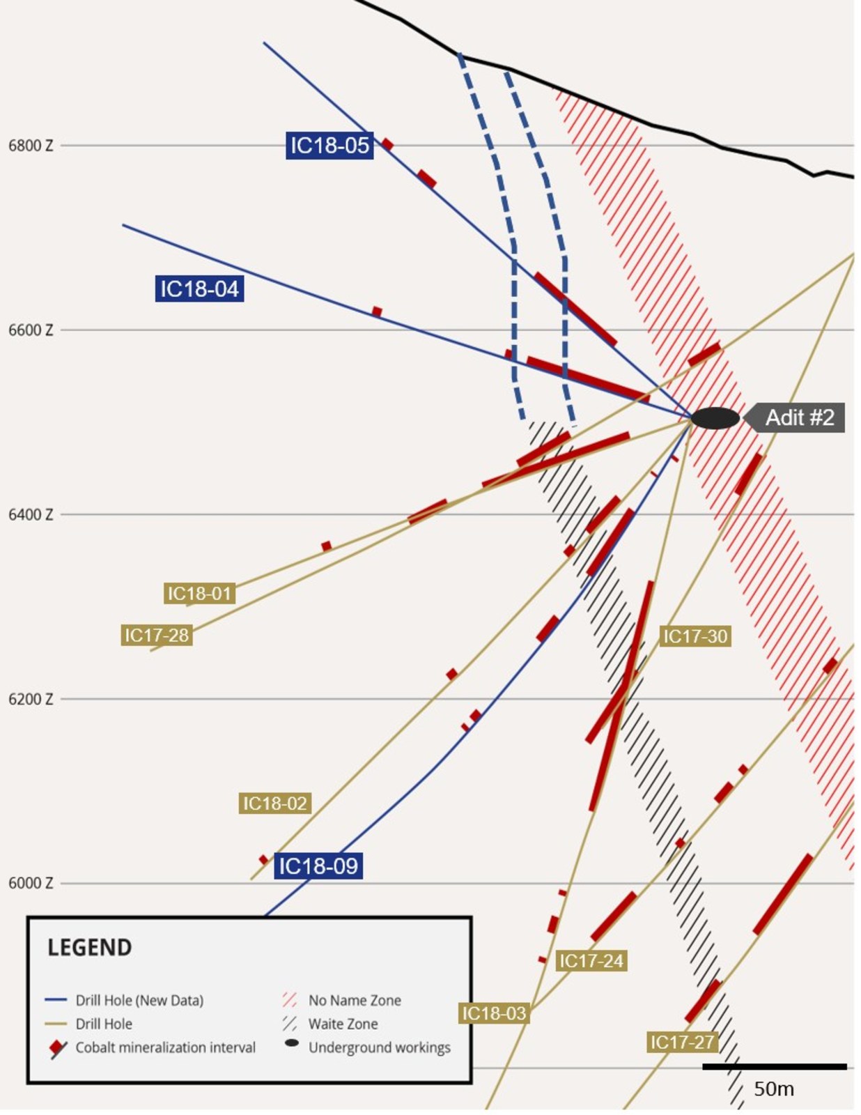 Figure 2. Cross section showing reported drill holes and previously drilled holes nearby. Width of section is 122m