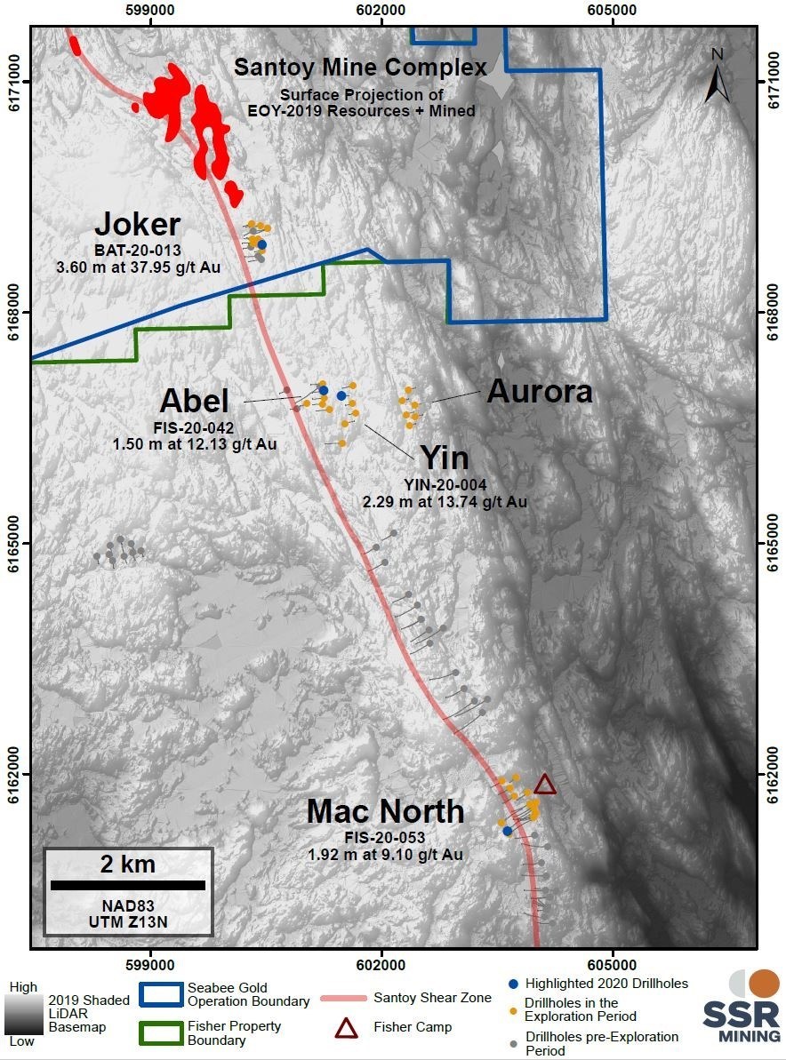 Figure 9. Drillhole location plan map for the greenfield exploration drill programs at Seabee Gold Operation and Fisher property, Saskatchewan, Canada during the Exploration Period. (CNW Group/SSR Mining Inc.)