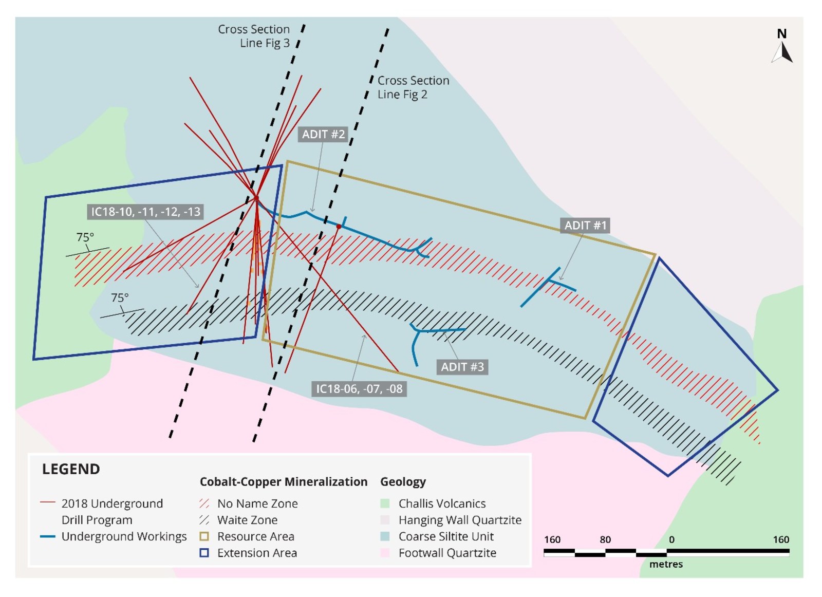 Figure 1. Bedrock geology and cobalt-copper mineralization at Iron Creek. Drill holes shown reflect those currently completed from underground for 2018.