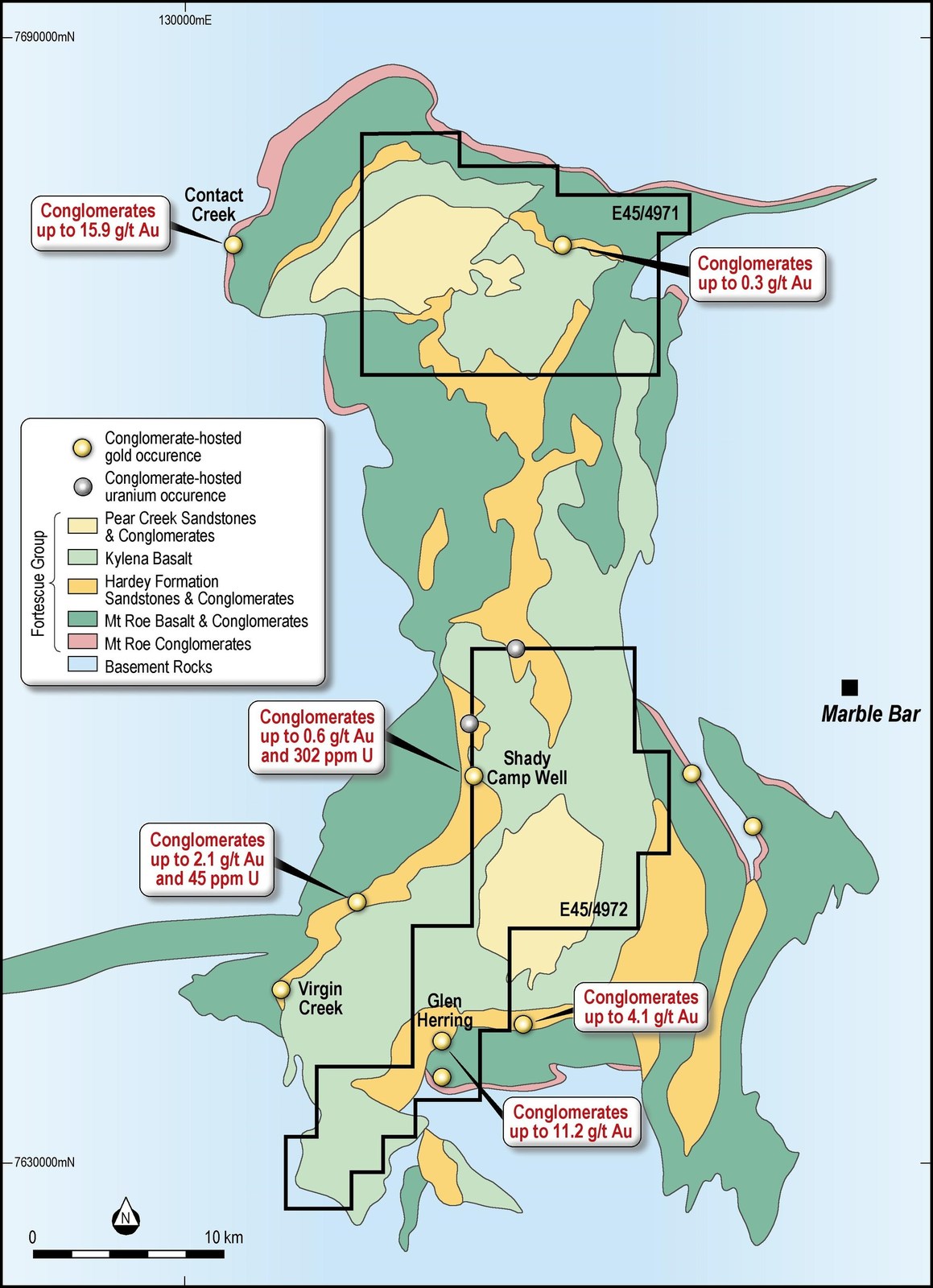 Figure 3. Interpreted bedrock geology map surrounding two of Impact's Licences west of Marble Bar showing the prospective conglomerate horizons within the Fortescue Group with key gold assay results