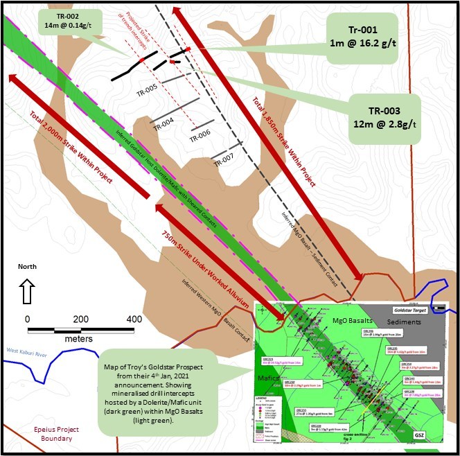 Figure 2: Showing location of Tajiri’s trenches along with a map from Troy Resource’s 4th January 2021 announcement (lower left corner) showing geology with their drill results (significant intersections red and purple dots) against a background of 5m topographic contours. Tajiri’s completed trenches for which results are reported today are shown as thicker black lines. Trenches for which results are awaited are shown as thin grey lines. Extent of alluvial flats worked by artisanal miners over the past century is shown in brown and these flats obscure the immediate strike extensions of Troy’s Goldstar Prospect. NB Tajiri’s trenches were located based on data older than that presented here and consequently have not tested the potential strike extentsions of the main Goldstar Zone. (CNW Group/Tajiri Resources Corp.)
